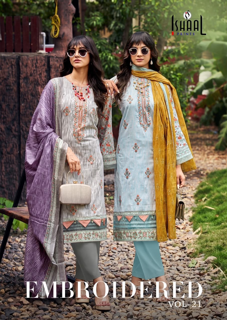 ISHAAL EMBROIDERED VOL - 21 - PURE LAWN BEAUTIFUL EMBROIDERY SELF WORK COLLECTION 