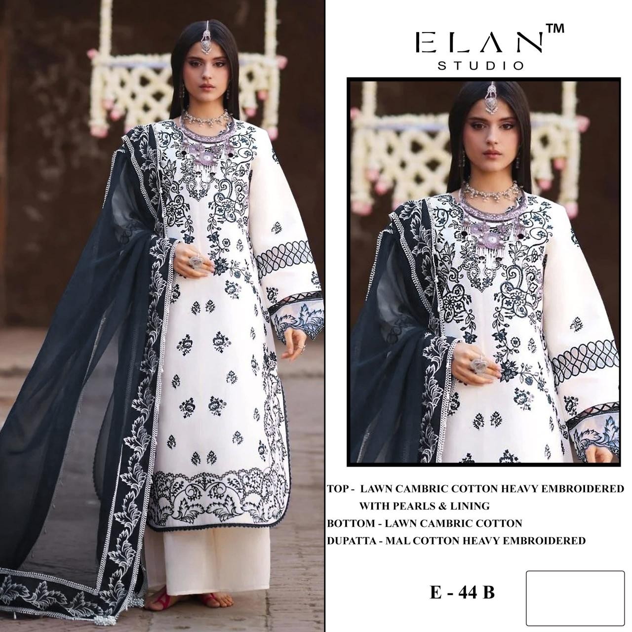 CODE - E - 44 - CAMBRIC LAWN COTTON HEAVY EMBROIDERY WITH LINING WORK BY PAKISTANI SUIT COLLECTION 