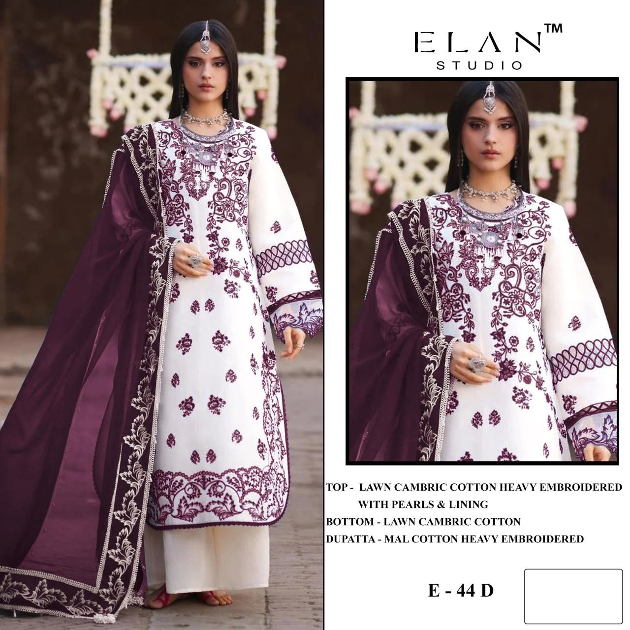 CODE - E - 44 - CAMBRIC LAWN COTTON HEAVY EMBROIDERY WITH LINING WORK BY PAKISTANI SUIT COLLECTION 