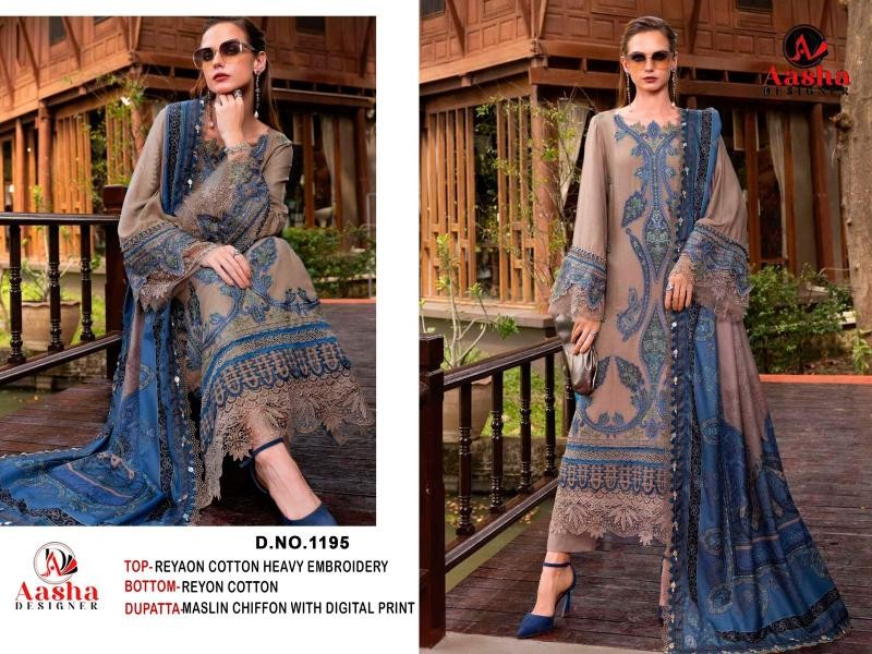 D.NO:- 1200/1195 AB - PURE REYON COTTON & EMBROIDERY WORK BY PAKISTANI SUIT COLLECTION BY AASHA DESIGNER 