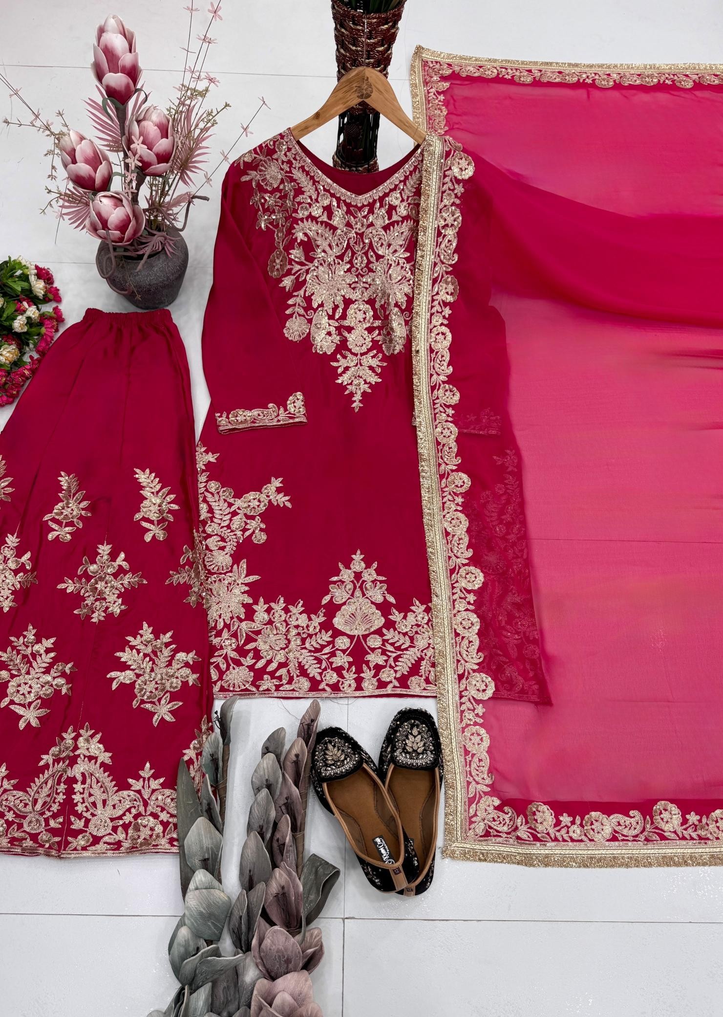 MT-1079 - HEAVY NATURAL SILK EMBROIDERY SEQUENCE WORK BY PAKISTANI READYMADE SHARARA SUIT COLLECTION 