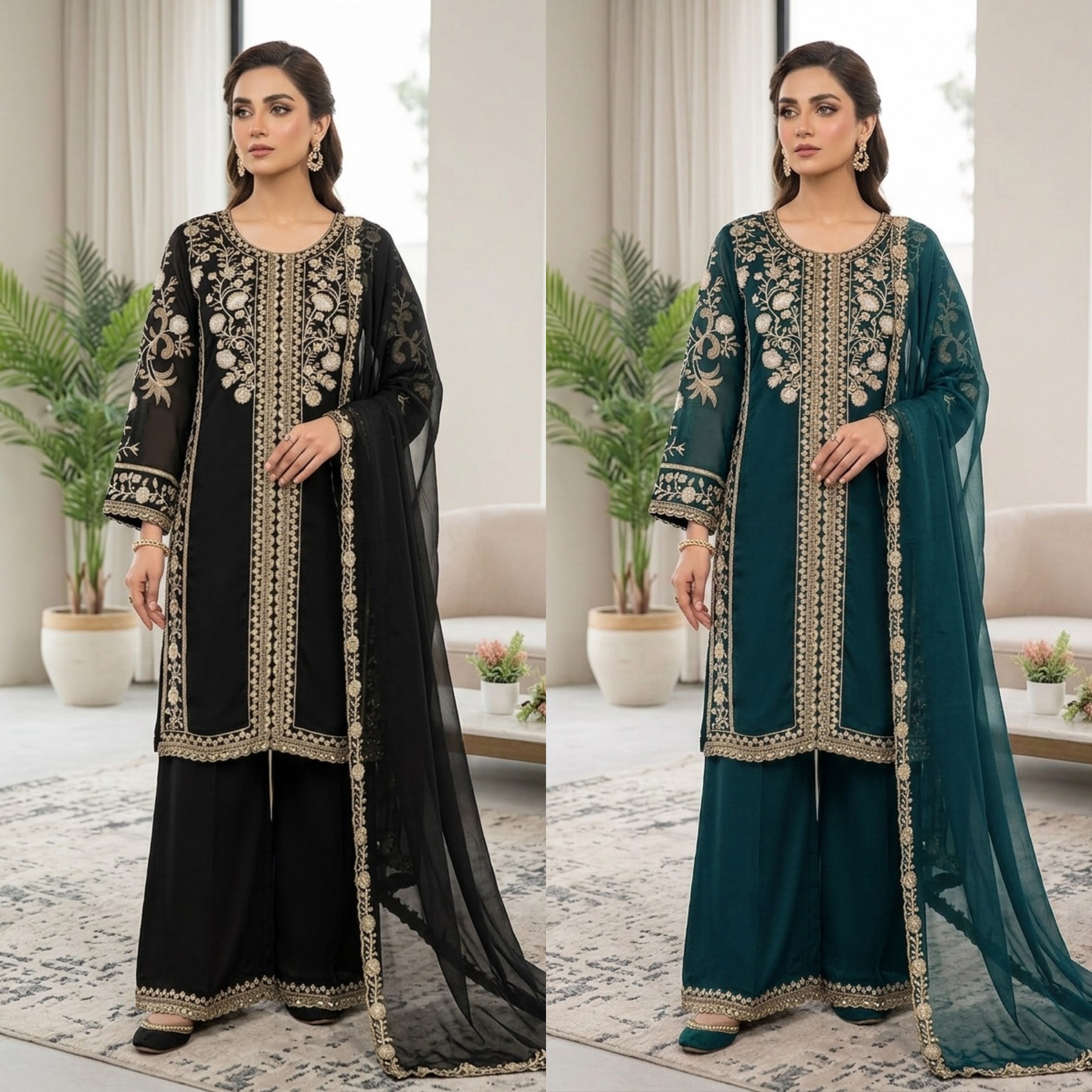 LG - 2122 - ROMAN SILK WITH SEQUENCE EMBROIDERY WORK BY PAKISTANI READYMADE SHARARA AND PLAZZO SUIT SALWAR COLLECTION 