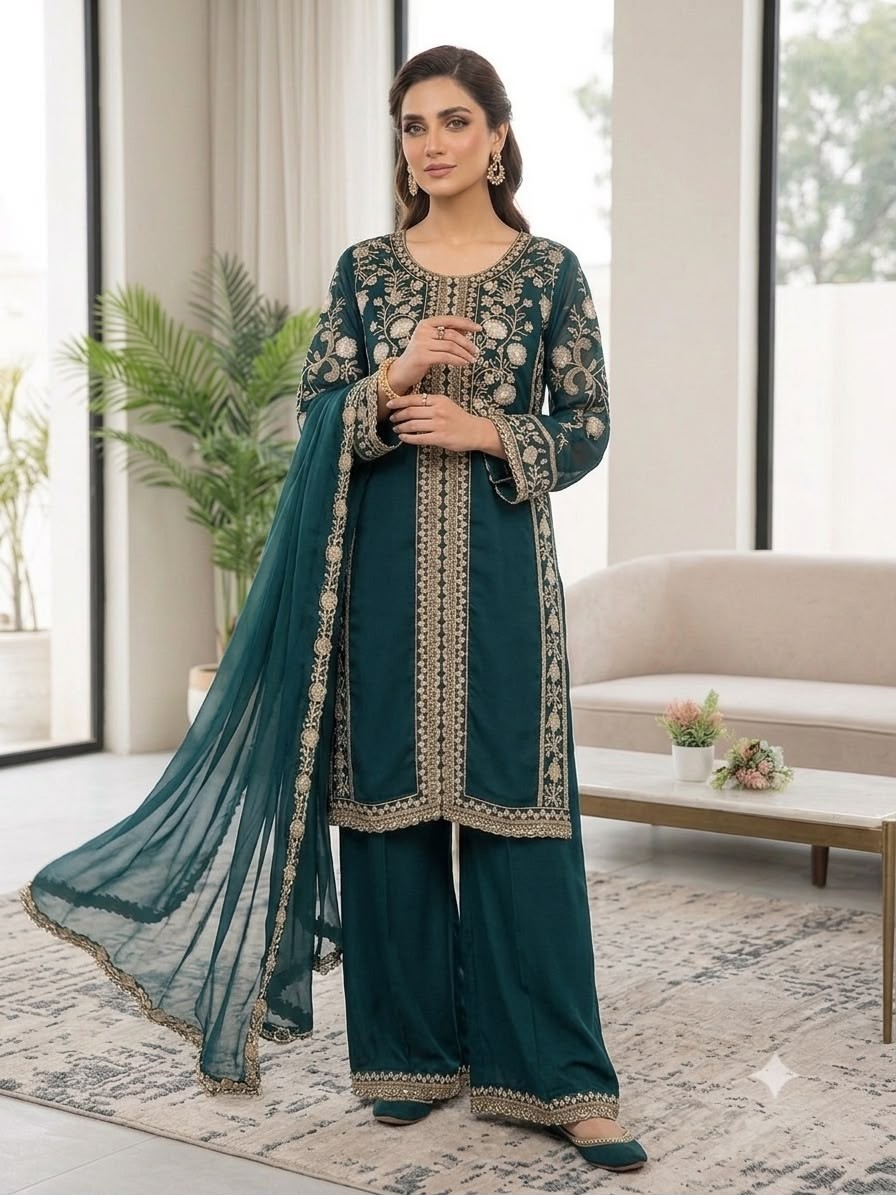 LG - 2122 - ROMAN SILK WITH SEQUENCE EMBROIDERY WORK BY PAKISTANI READYMADE SHARARA AND PLAZZO SUIT SALWAR COLLECTION 