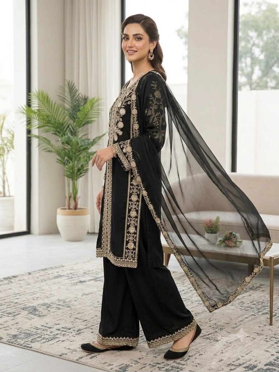 LG - 2122 - ROMAN SILK WITH SEQUENCE EMBROIDERY WORK BY PAKISTANI READYMADE SHARARA AND PLAZZO SUIT SALWAR COLLECTION 