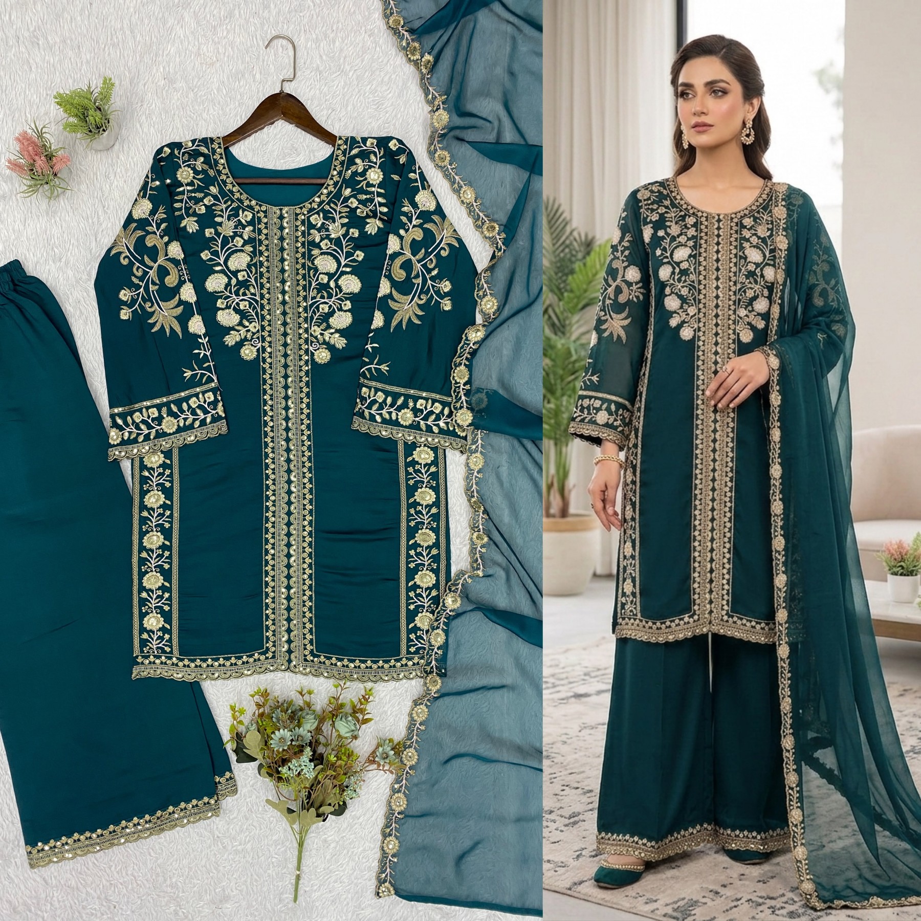 LG - 2122 - ROMAN SILK WITH SEQUENCE EMBROIDERY WORK BY PAKISTANI READYMADE SHARARA AND PLAZZO SUIT SALWAR COLLECTION 