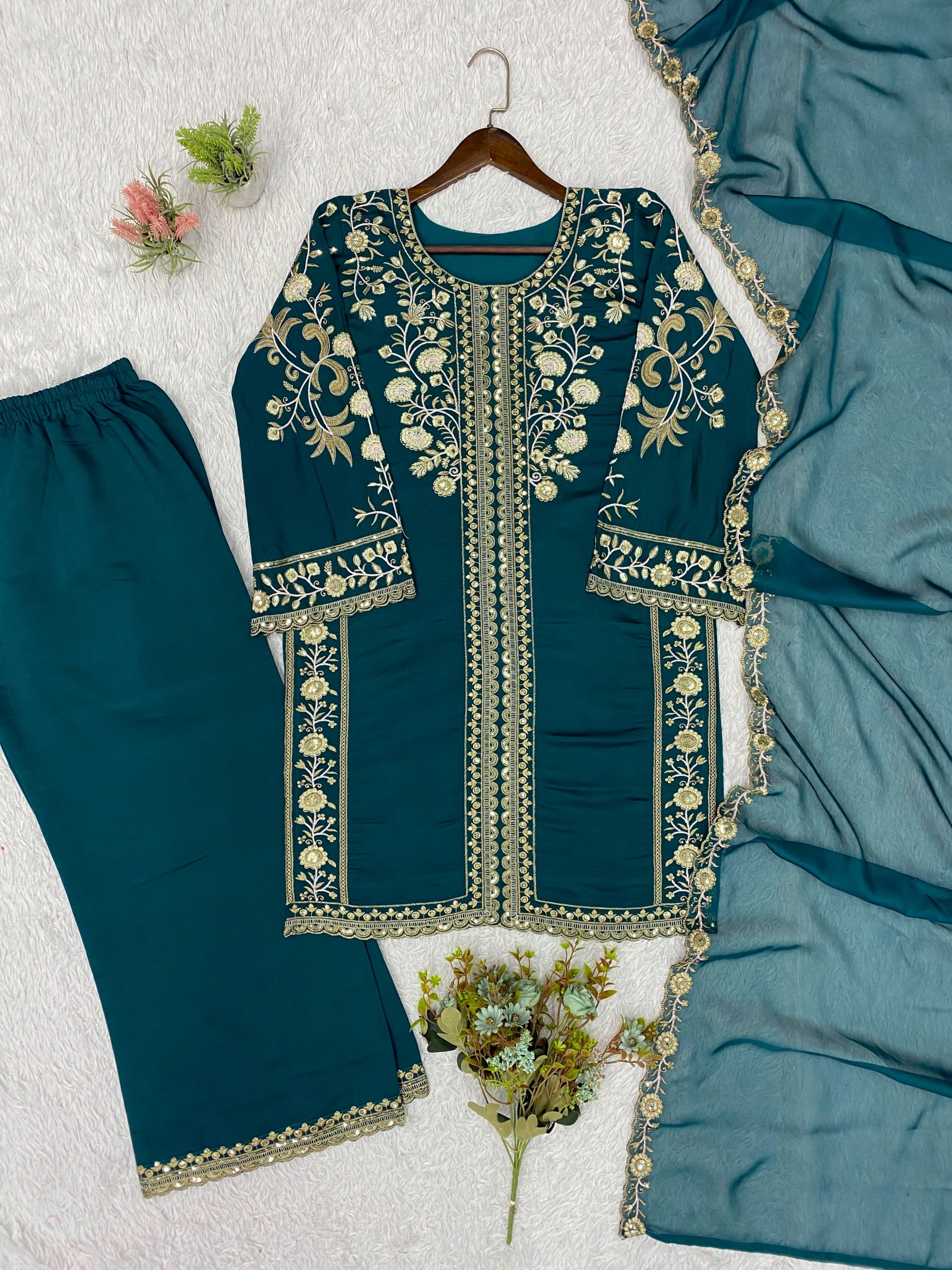 LG - 2122 - ROMAN SILK WITH SEQUENCE EMBROIDERY WORK BY PAKISTANI READYMADE SHARARA AND PLAZZO SUIT SALWAR COLLECTION 