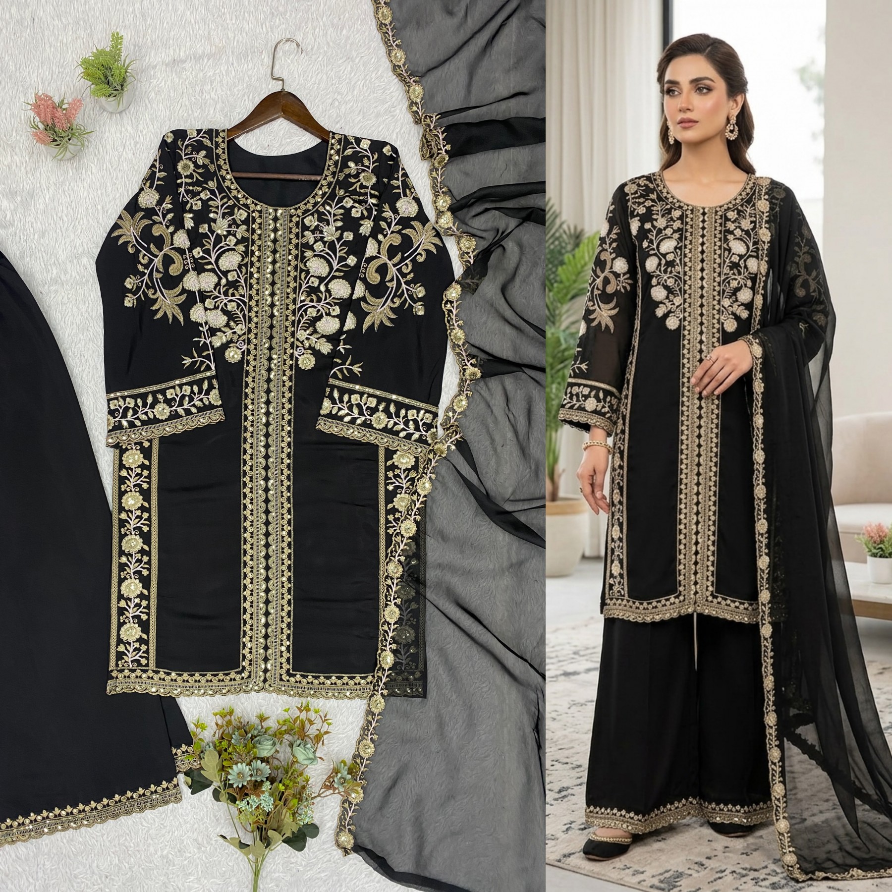 LG - 2122 - ROMAN SILK WITH SEQUENCE EMBROIDERY WORK BY PAKISTANI READYMADE SHARARA AND PLAZZO SUIT SALWAR COLLECTION 