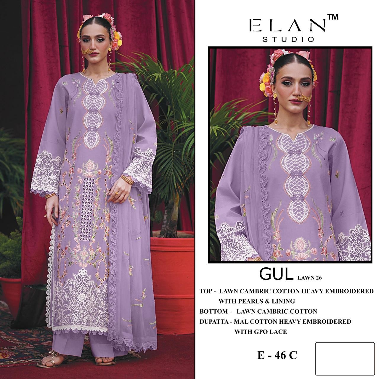 ITEM CODE - E - 46 - CAMBRIC LAWN COTTON HEAVY EMBROIDERY WORK BY PAKISTANI SUIT COLLECTION BY ELAN STUDIO 