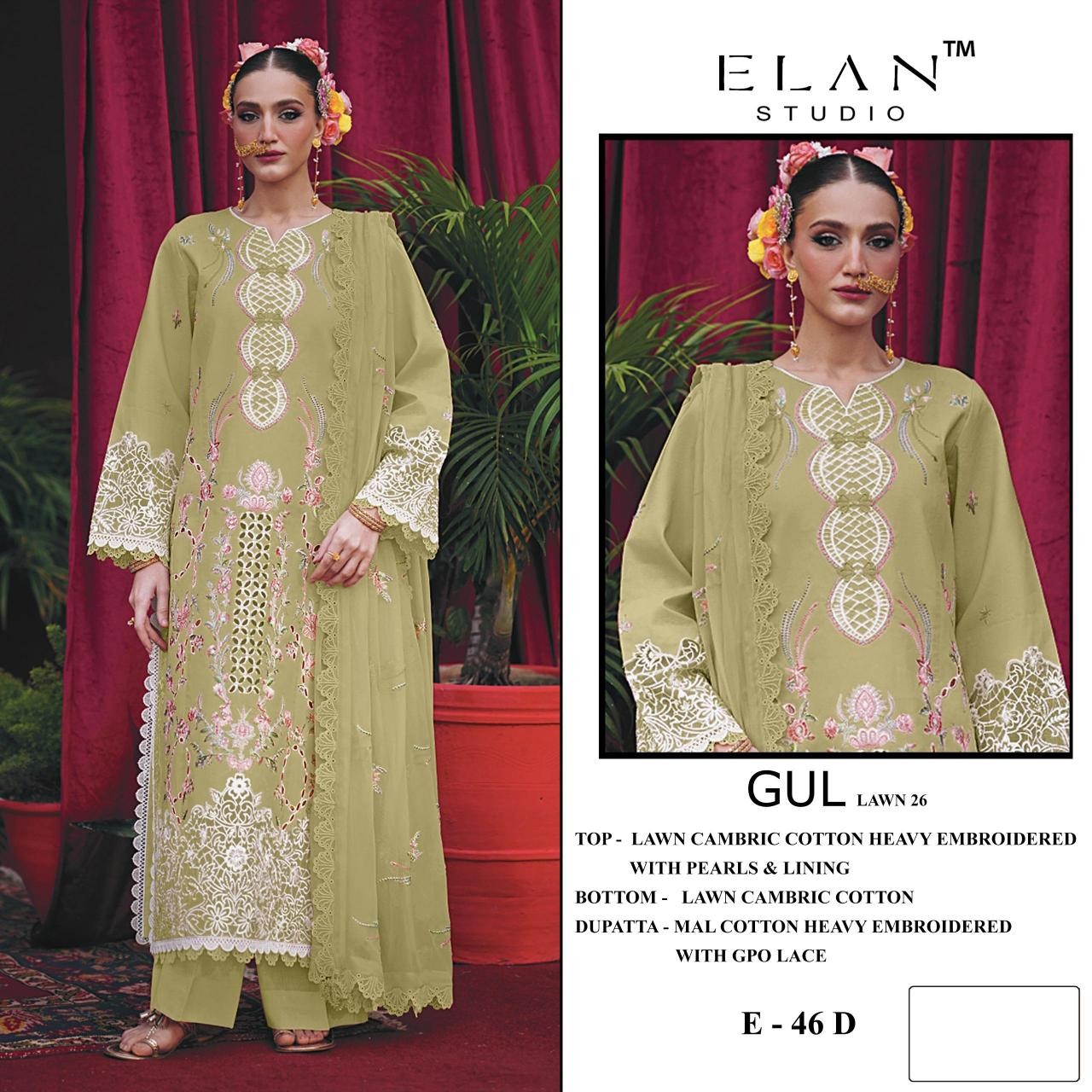 ITEM CODE - E - 46 - CAMBRIC LAWN COTTON HEAVY EMBROIDERY WORK BY PAKISTANI SUIT COLLECTION BY ELAN STUDIO 