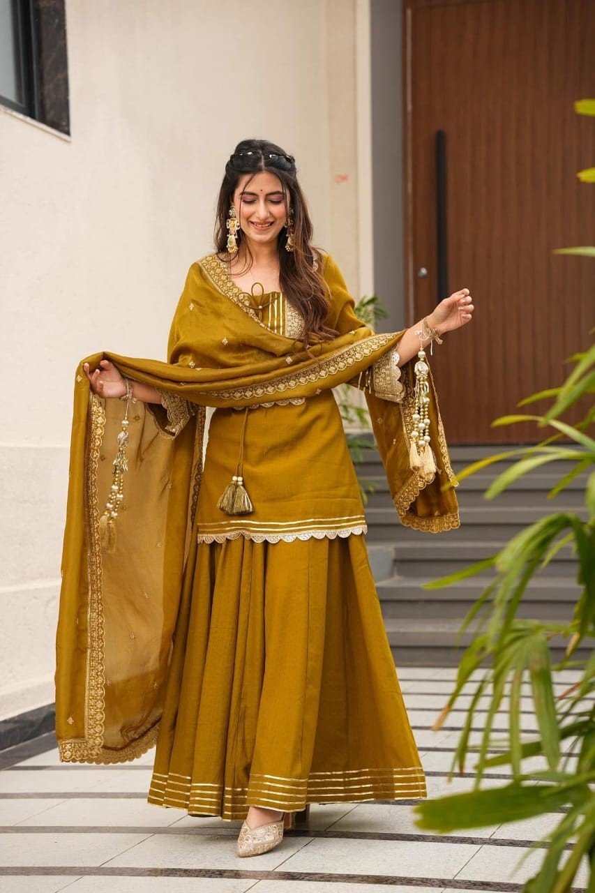 AC - 1248 - PURE SOFT CHINON FABRICS WITH BEAUTIFUL EMBROIDERY CODING & SEQUENCE WORK PLAZZO AND SHARARA READYMADE SUIT 