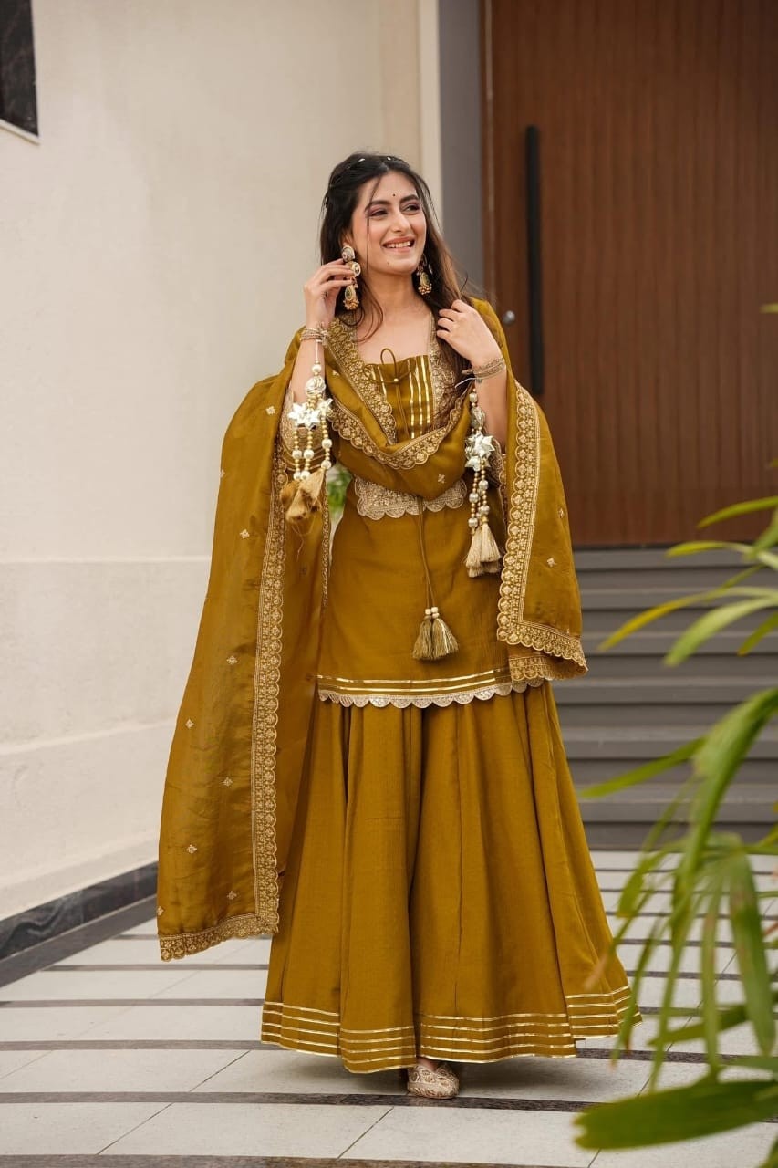 AC - 1248 - PURE SOFT CHINON FABRICS WITH BEAUTIFUL EMBROIDERY CODING & SEQUENCE WORK PLAZZO AND SHARARA READYMADE SUIT 