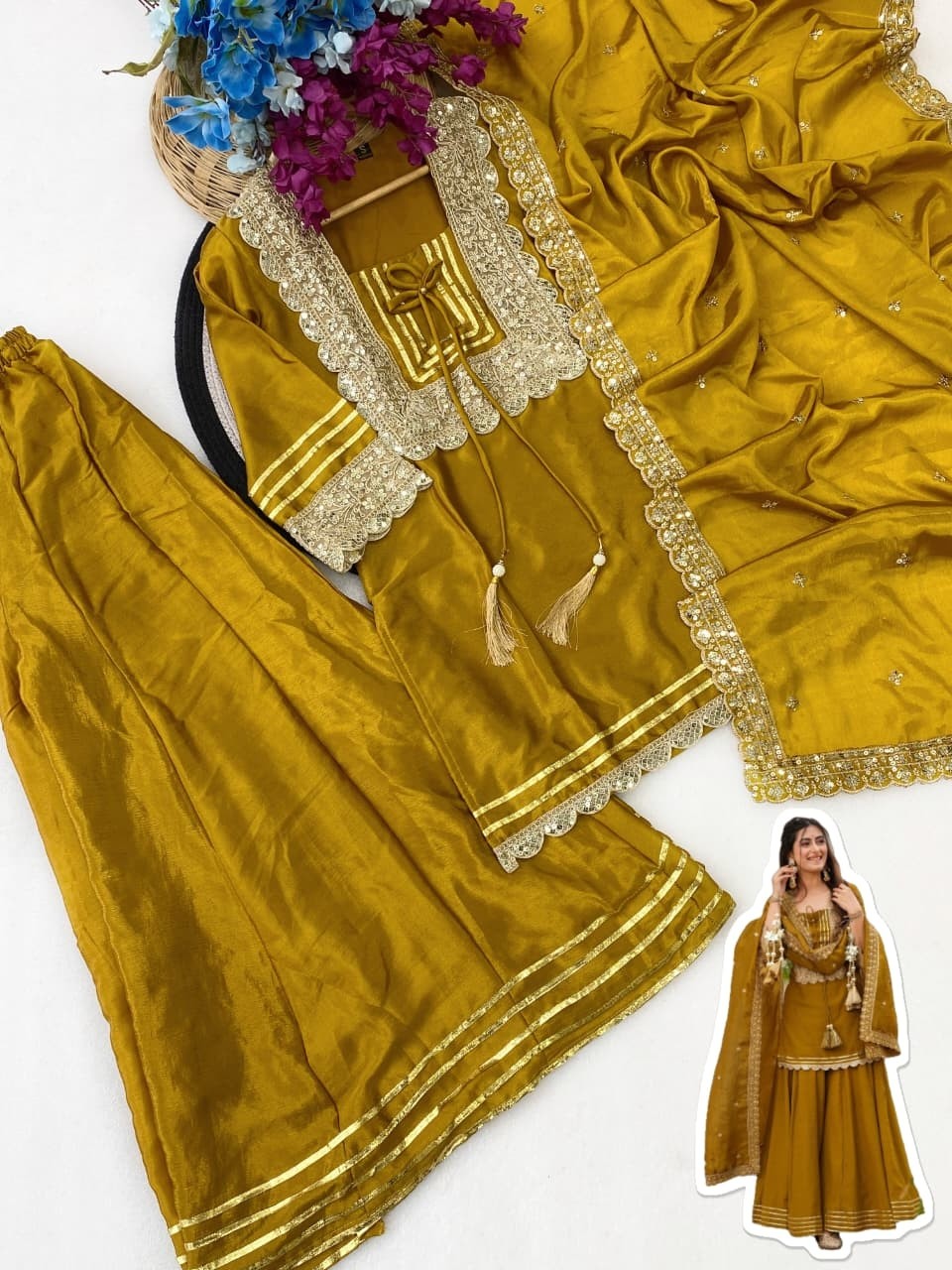 AC - 1248 - PURE SOFT CHINON FABRICS WITH BEAUTIFUL EMBROIDERY CODING & SEQUENCE WORK PLAZZO AND SHARARA READYMADE SUIT 