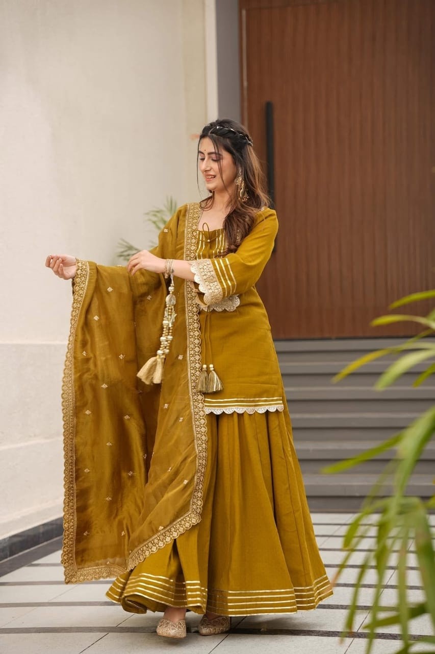 AC - 1248 - PURE SOFT CHINON FABRICS WITH BEAUTIFUL EMBROIDERY CODING & SEQUENCE WORK PLAZZO AND SHARARA READYMADE SUIT 