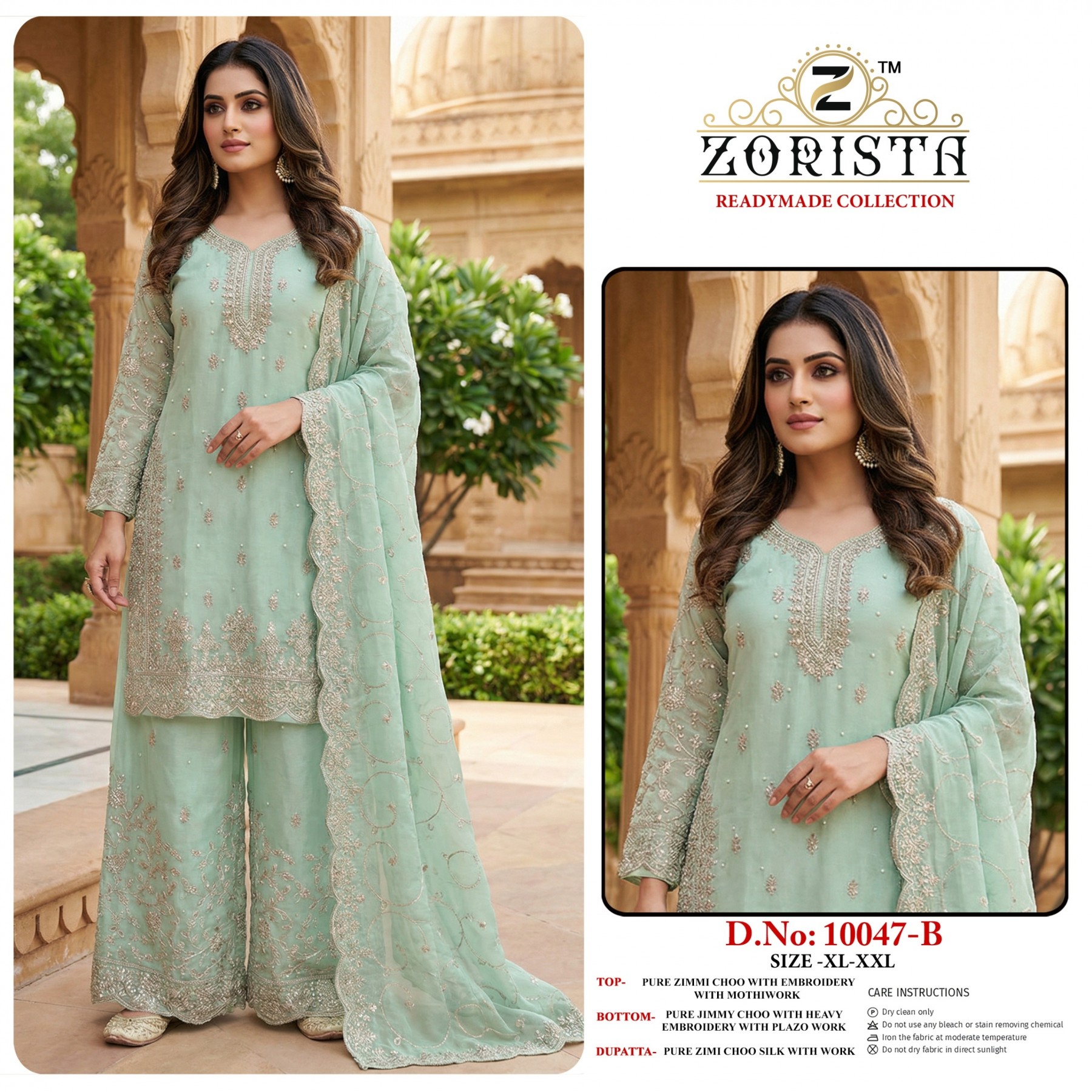 ZORISTA - 10047 - B E F - PURE ZIMMI CHHOO WITH EMBROIDERY WORK & MOTIWORK BY PAKISTANI READYMADE SHARARA AND PLAZZO SUIT COLLECTION 