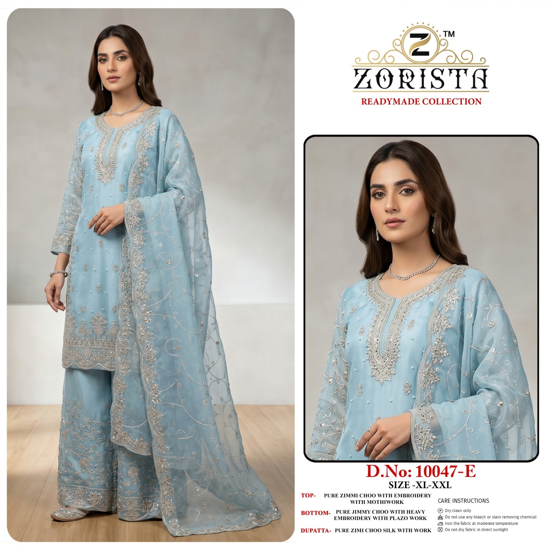 ZORISTA - 10047 - B E F - PURE ZIMMI CHHOO WITH EMBROIDERY WORK & MOTIWORK BY PAKISTANI READYMADE SHARARA AND PLAZZO SUIT COLLECTION 