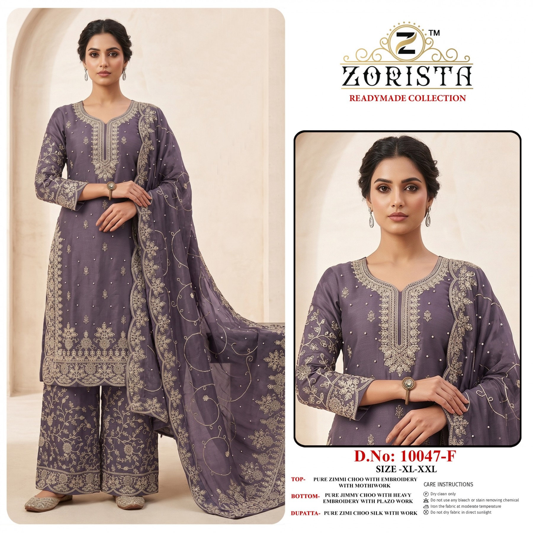 ZORISTA - 10047 - B E F - PURE ZIMMI CHHOO WITH EMBROIDERY WORK & MOTIWORK BY PAKISTANI READYMADE SHARARA AND PLAZZO SUIT COLLECTION 