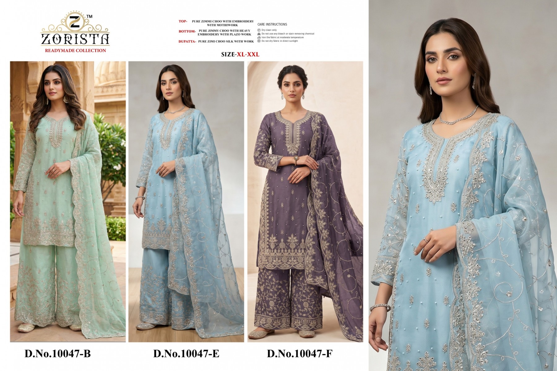 ZORISTA - 10047 - B E F - PURE ZIMMI CHHOO WITH EMBROIDERY WORK & MOTIWORK BY PAKISTANI READYMADE SHARARA AND PLAZZO SUIT COLLECTION 