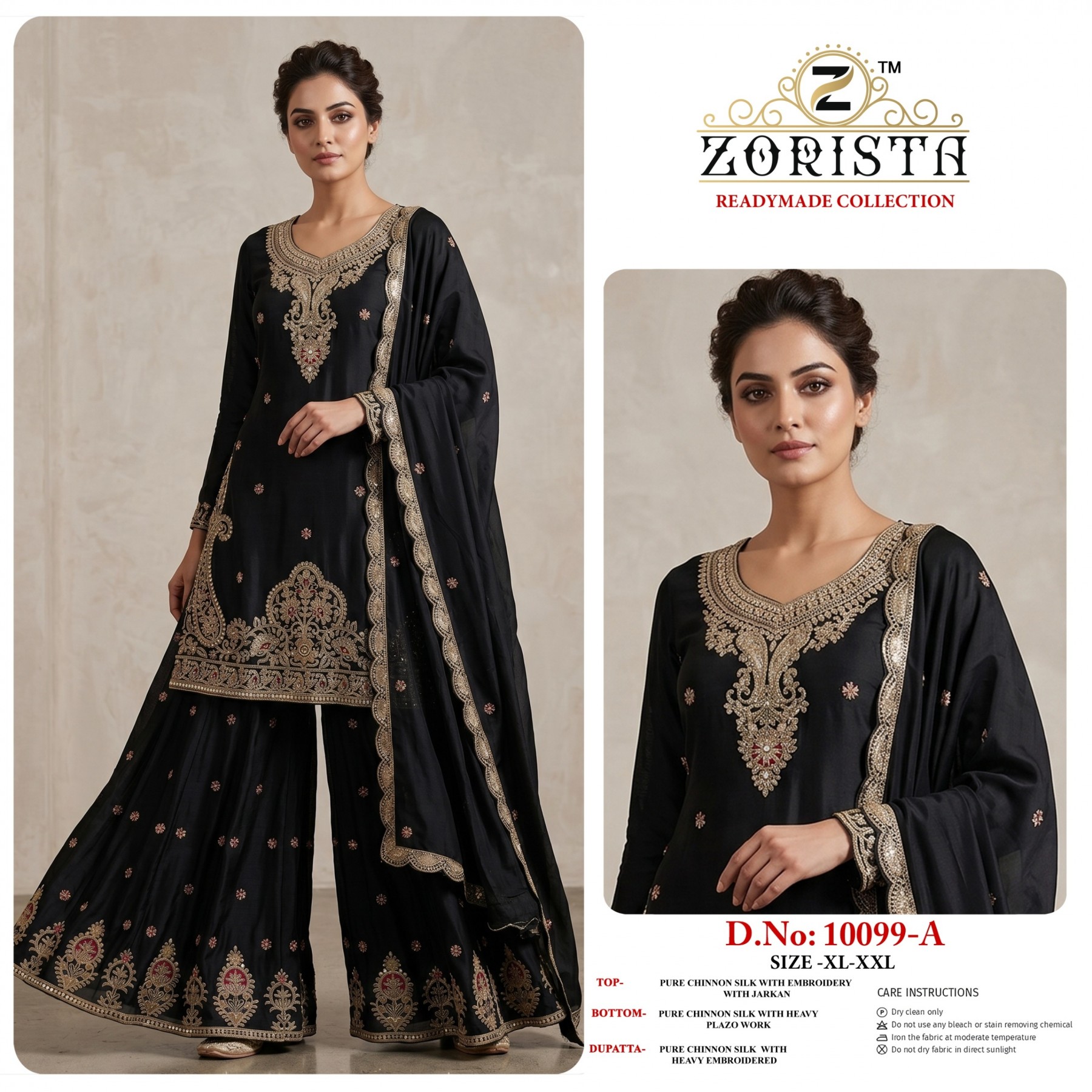 ZORISTA - 10099 - PREMIUM CHINON SILK WITH EMBROIDERY WORK & JARKAN WORK BY PAKISTANI READYMADE SHARARA AND PLAZZO SUIT COLLECTION 