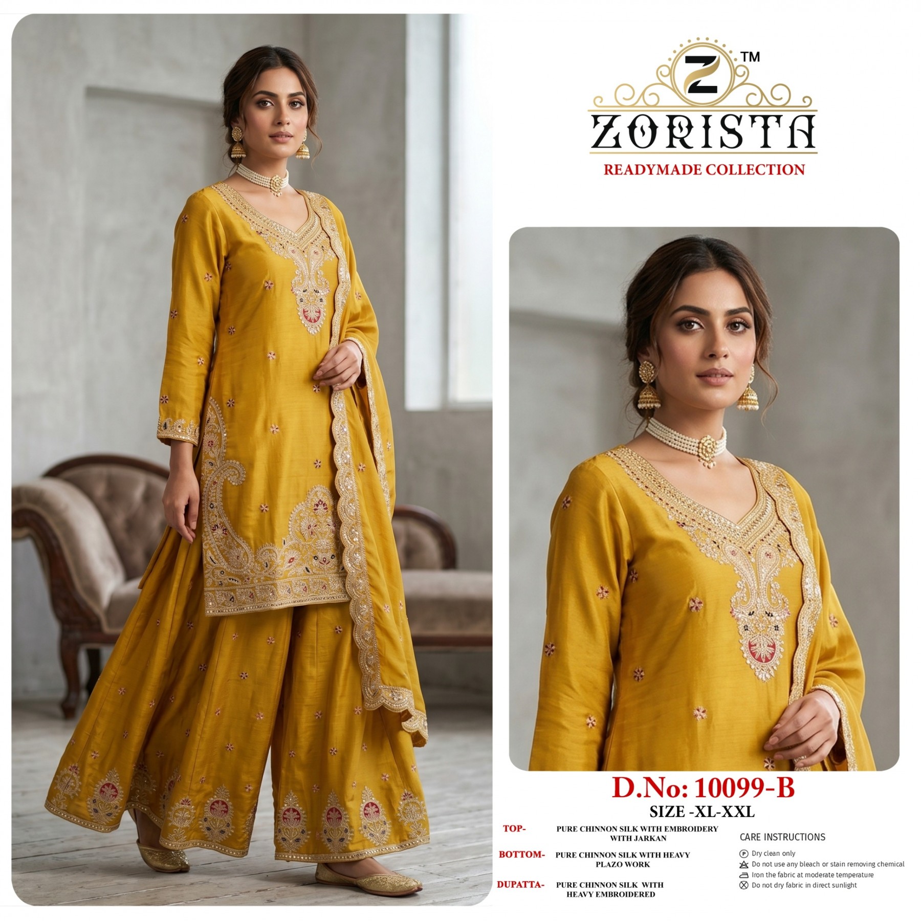 ZORISTA - 10099 - PREMIUM CHINON SILK WITH EMBROIDERY WORK & JARKAN WORK BY PAKISTANI READYMADE SHARARA AND PLAZZO SUIT COLLECTION 