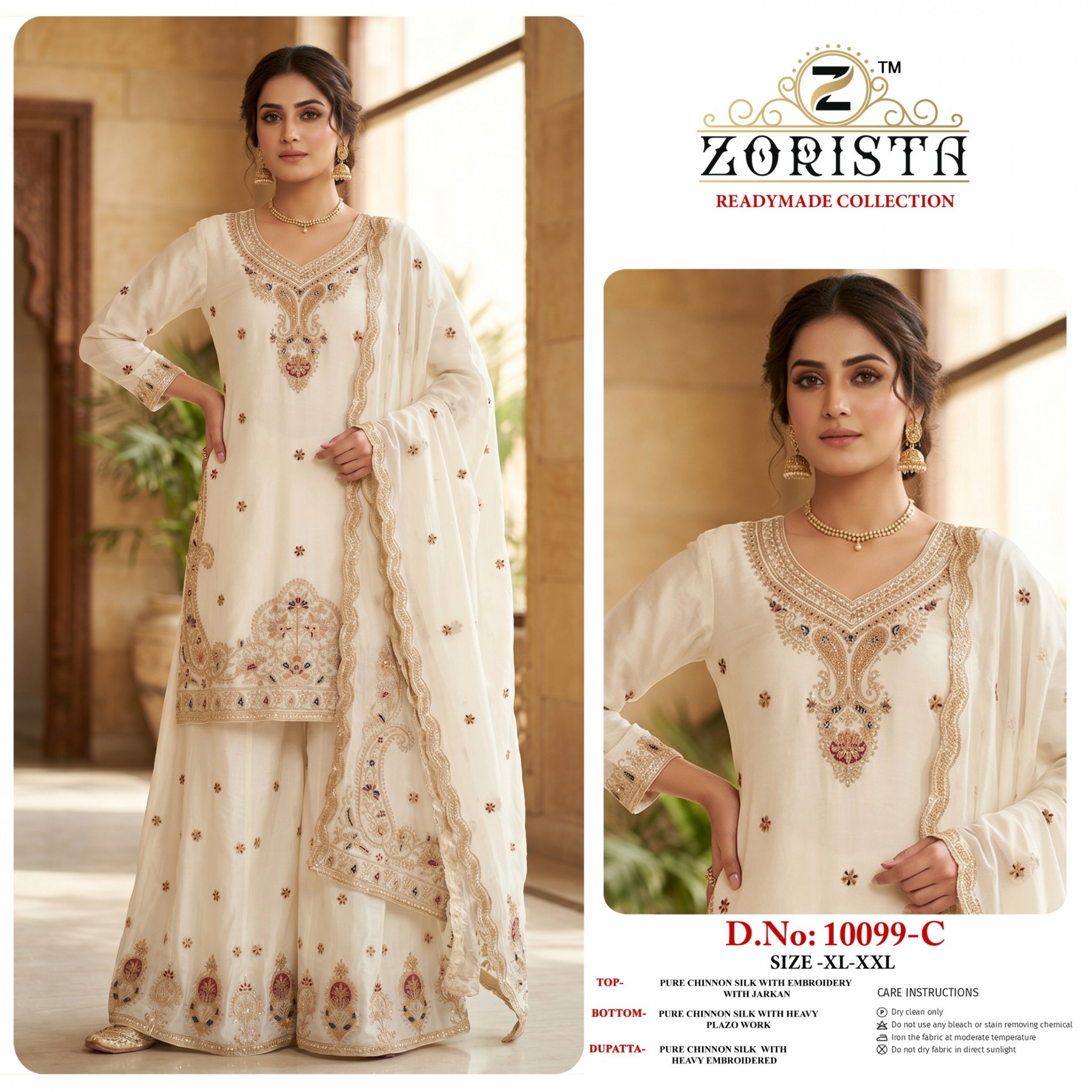 ZORISTA - 10099 - PREMIUM CHINON SILK WITH EMBROIDERY WORK & JARKAN WORK BY PAKISTANI READYMADE SHARARA AND PLAZZO SUIT COLLECTION 