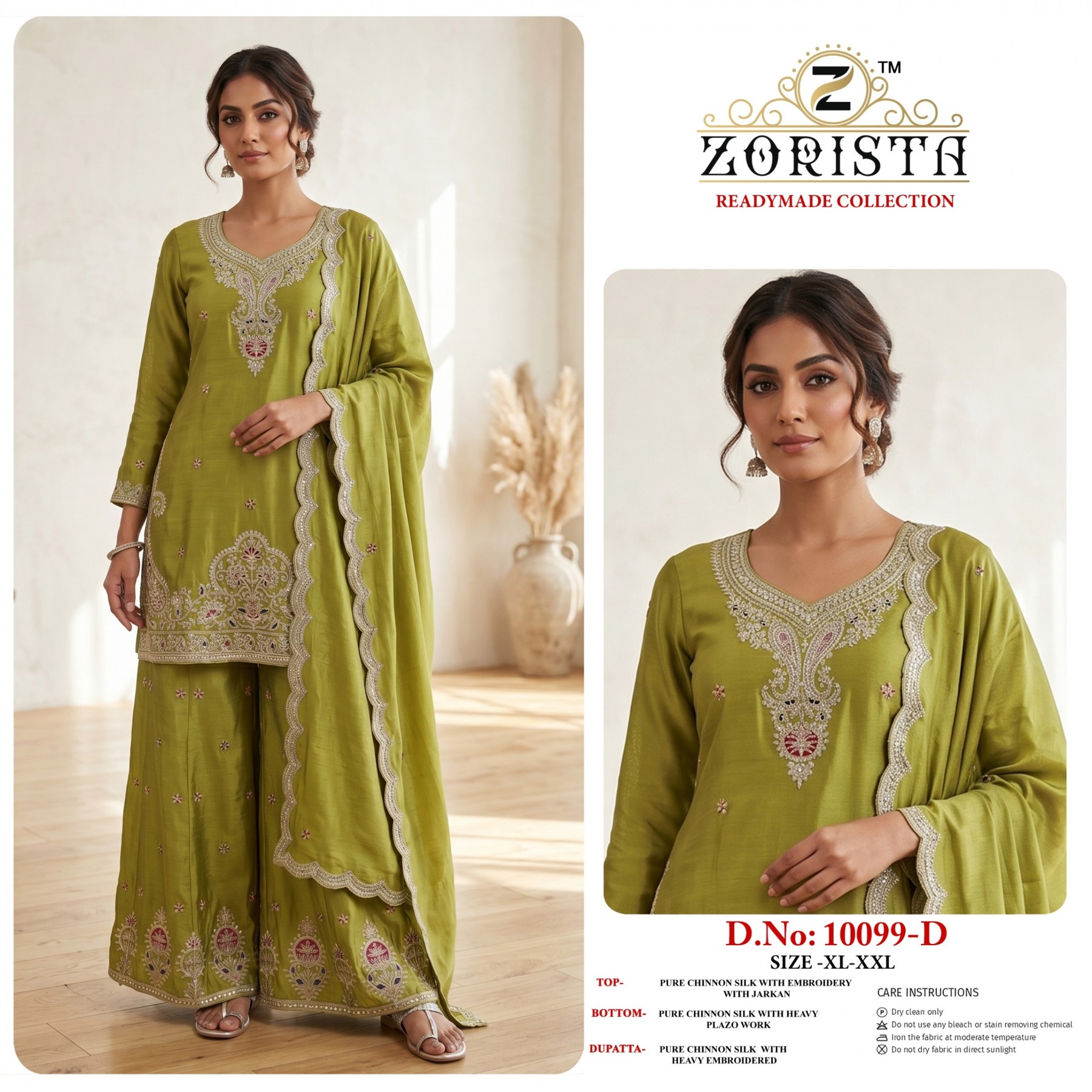ZORISTA - 10099 - PREMIUM CHINON SILK WITH EMBROIDERY WORK & JARKAN WORK BY PAKISTANI READYMADE SHARARA AND PLAZZO SUIT COLLECTION 