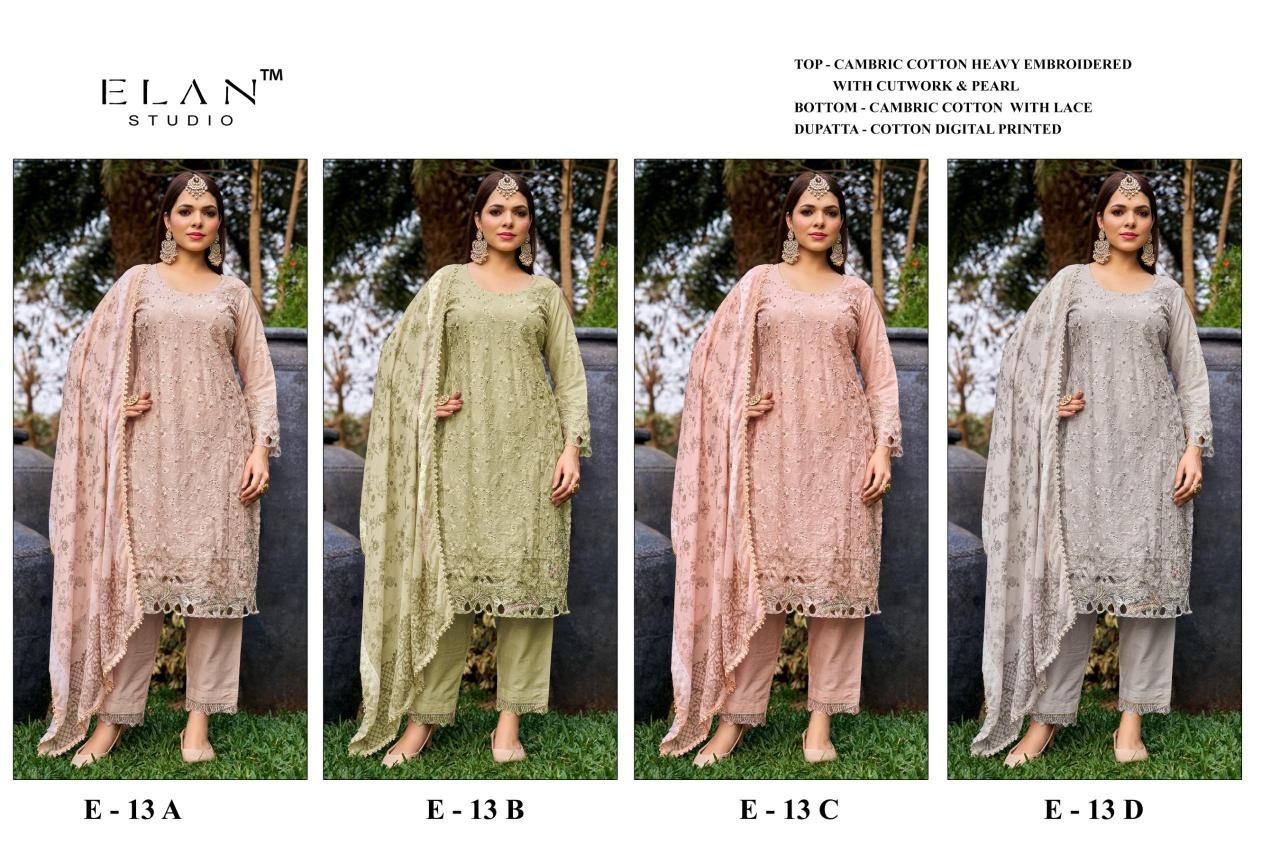 ELAN - E - 13 - CAMBRIC LAWN COTTON HEAVY EMBROIDERY WITH MOTI CUTWORK BY PAKISTANI SUIT COLLECTION 
