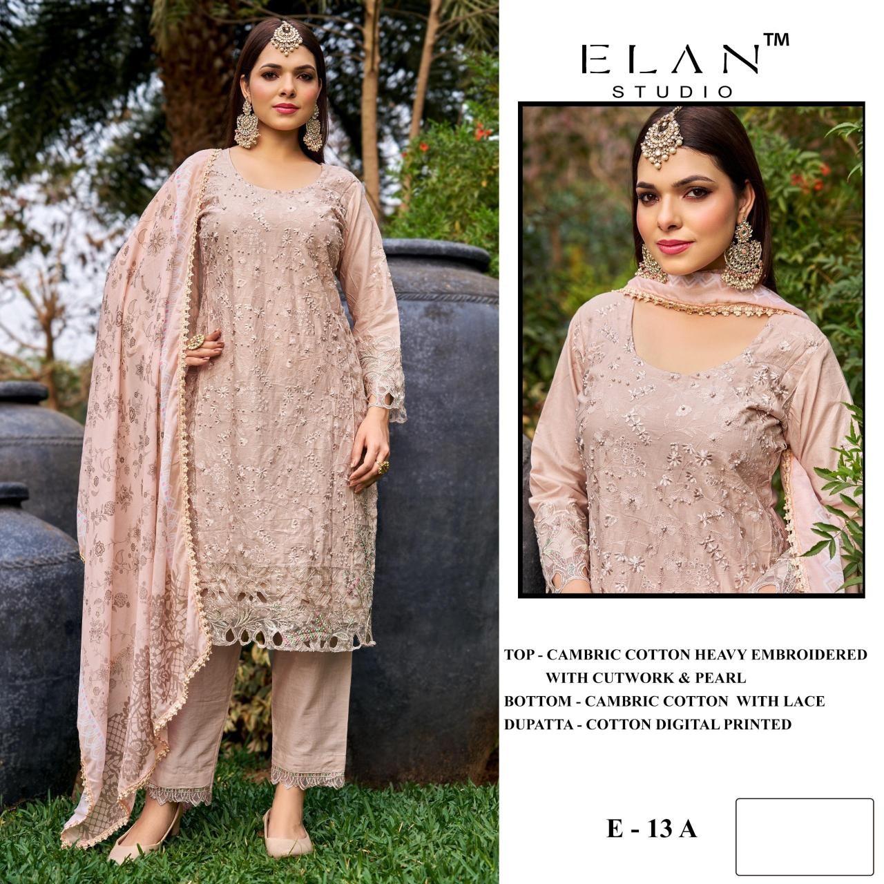 ELAN - E - 13 - CAMBRIC LAWN COTTON HEAVY EMBROIDERY WITH MOTI CUTWORK BY PAKISTANI SUIT COLLECTION 