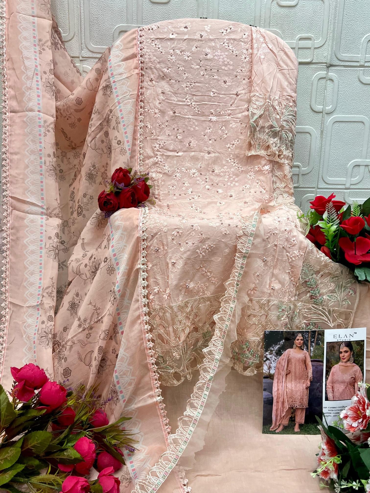 ELAN - E - 13 - CAMBRIC LAWN COTTON HEAVY EMBROIDERY WITH MOTI CUTWORK BY PAKISTANI SUIT COLLECTION 