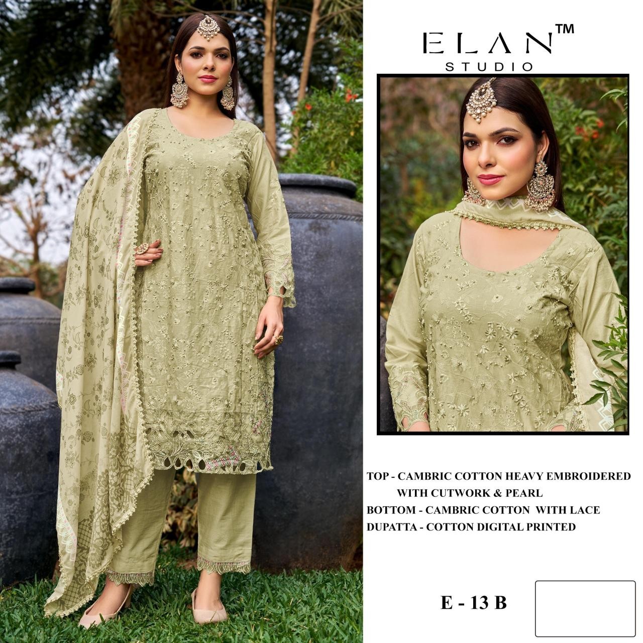 ELAN - E - 13 - CAMBRIC LAWN COTTON HEAVY EMBROIDERY WITH MOTI CUTWORK BY PAKISTANI SUIT COLLECTION 