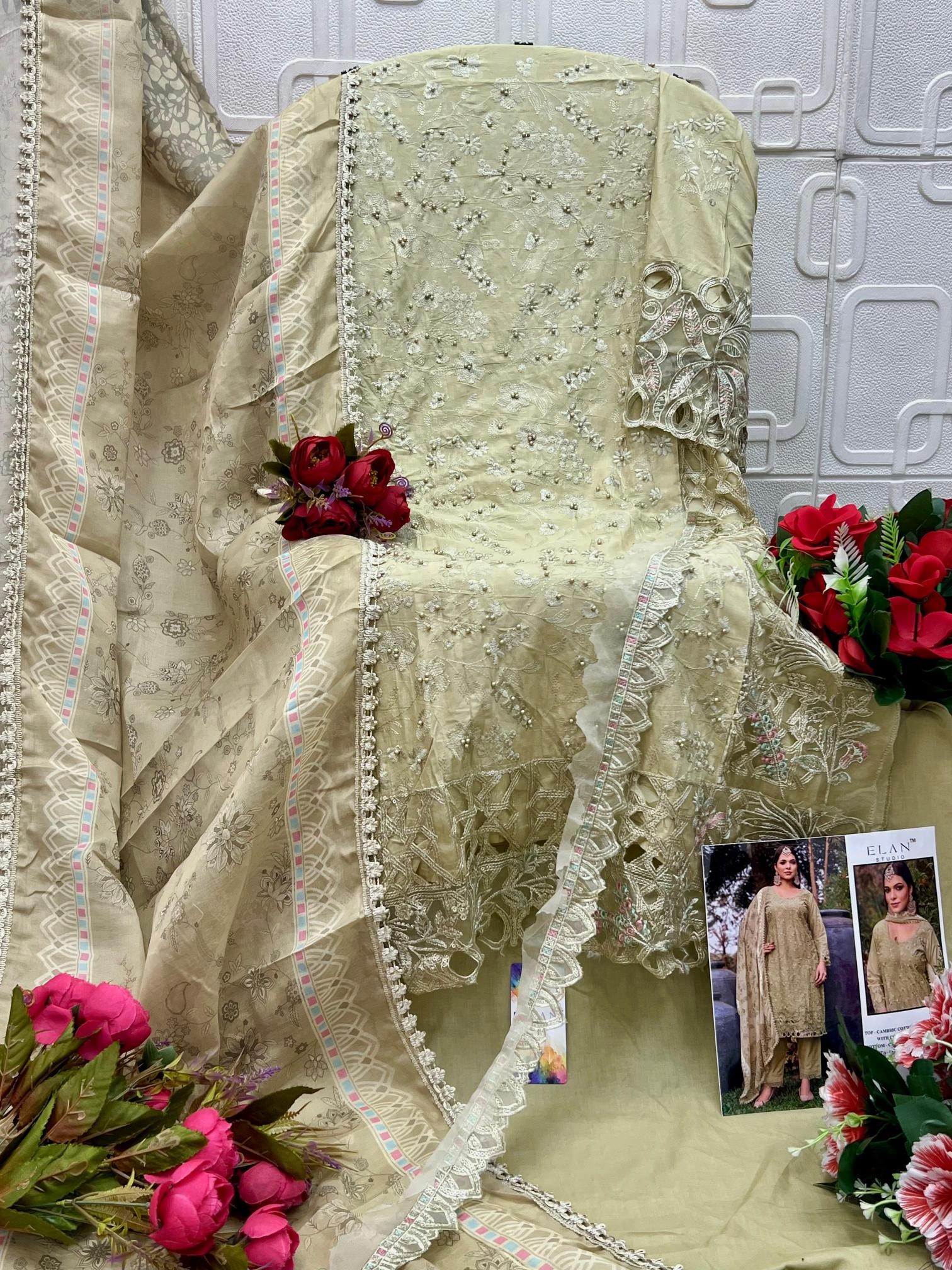 ELAN - E - 13 - CAMBRIC LAWN COTTON HEAVY EMBROIDERY WITH MOTI CUTWORK BY PAKISTANI SUIT COLLECTION 