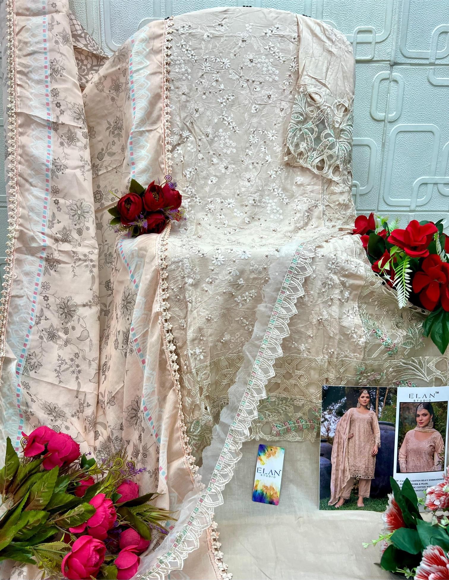 ELAN - E - 13 - CAMBRIC LAWN COTTON HEAVY EMBROIDERY WITH MOTI CUTWORK BY PAKISTANI SUIT COLLECTION 