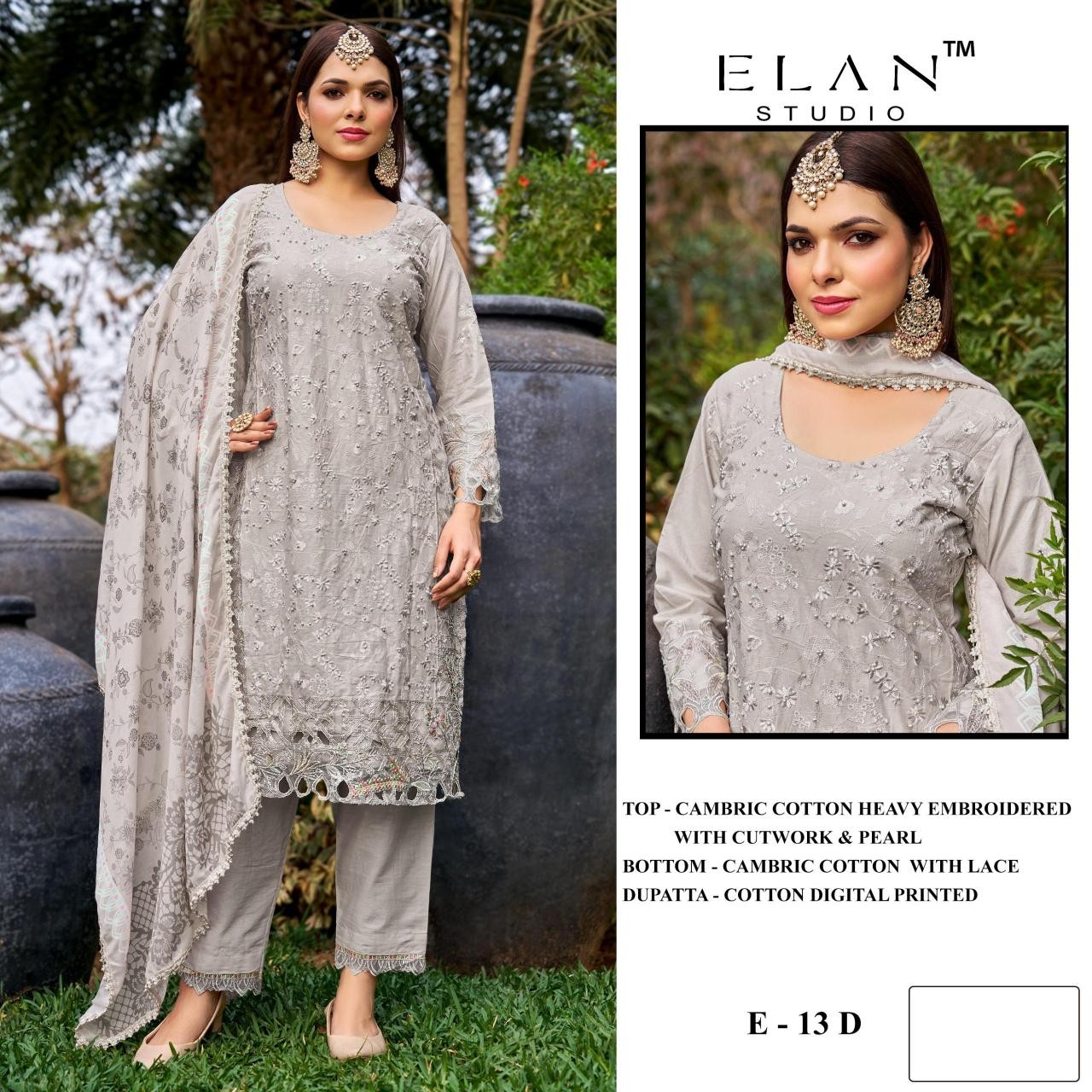 ELAN - E - 13 - CAMBRIC LAWN COTTON HEAVY EMBROIDERY WITH MOTI CUTWORK BY PAKISTANI SUIT COLLECTION 