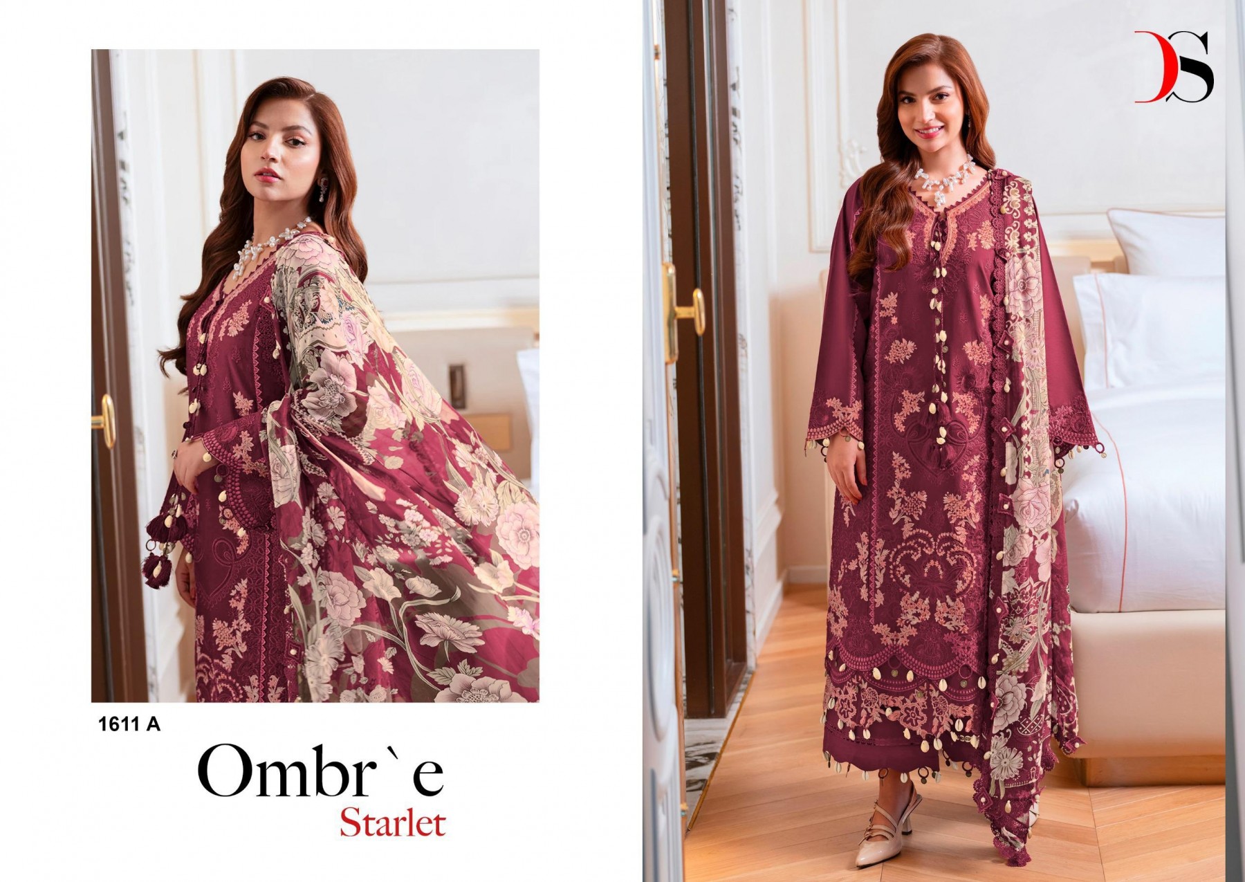 OMBRE STARLET :- 1611 - PURE COTTON HEAVY SELF EMBROIDERY WORK BY PAKISTANI SUIT COLLECTION WITH DEEPSY SUIT 