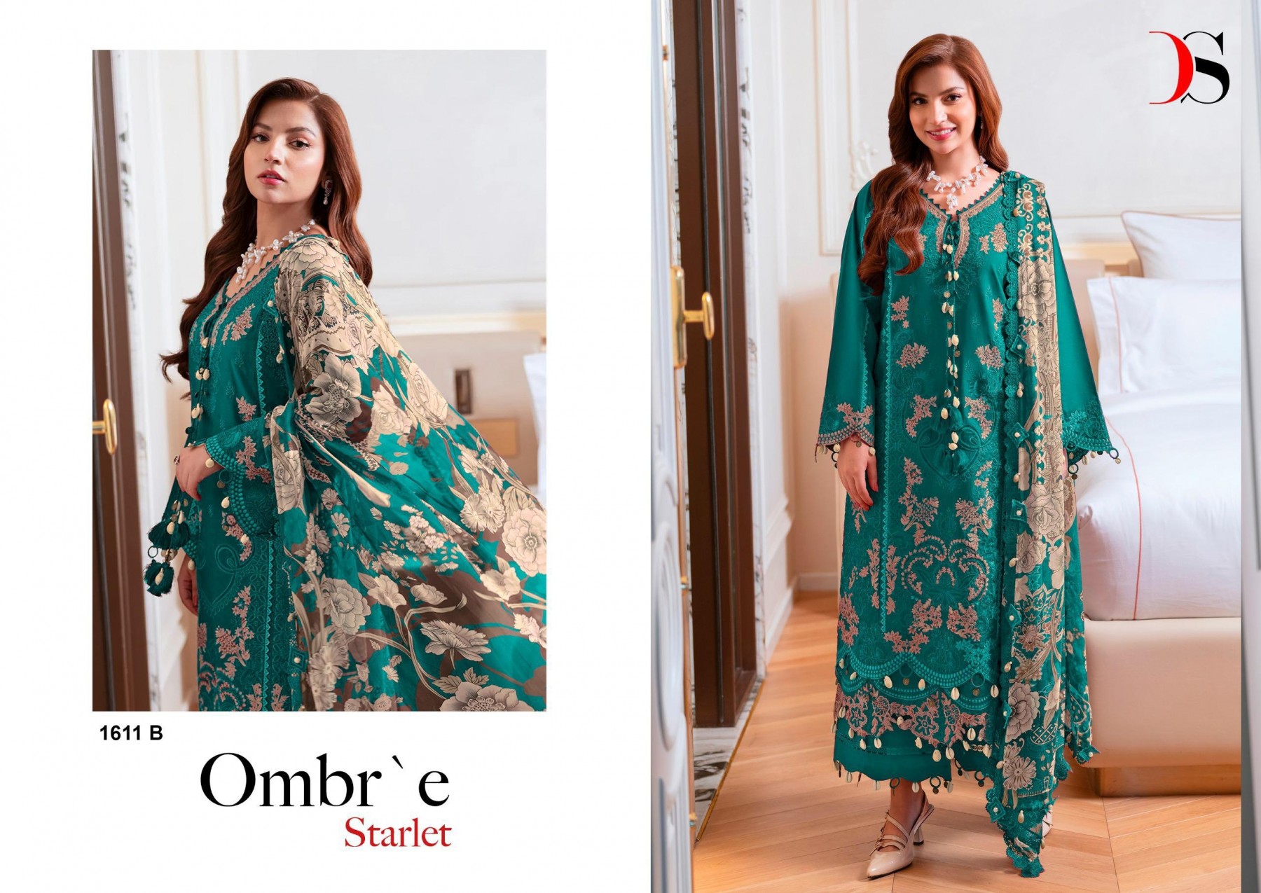 OMBRE STARLET :- 1611 - PURE COTTON HEAVY SELF EMBROIDERY WORK BY PAKISTANI SUIT COLLECTION WITH DEEPSY SUIT 