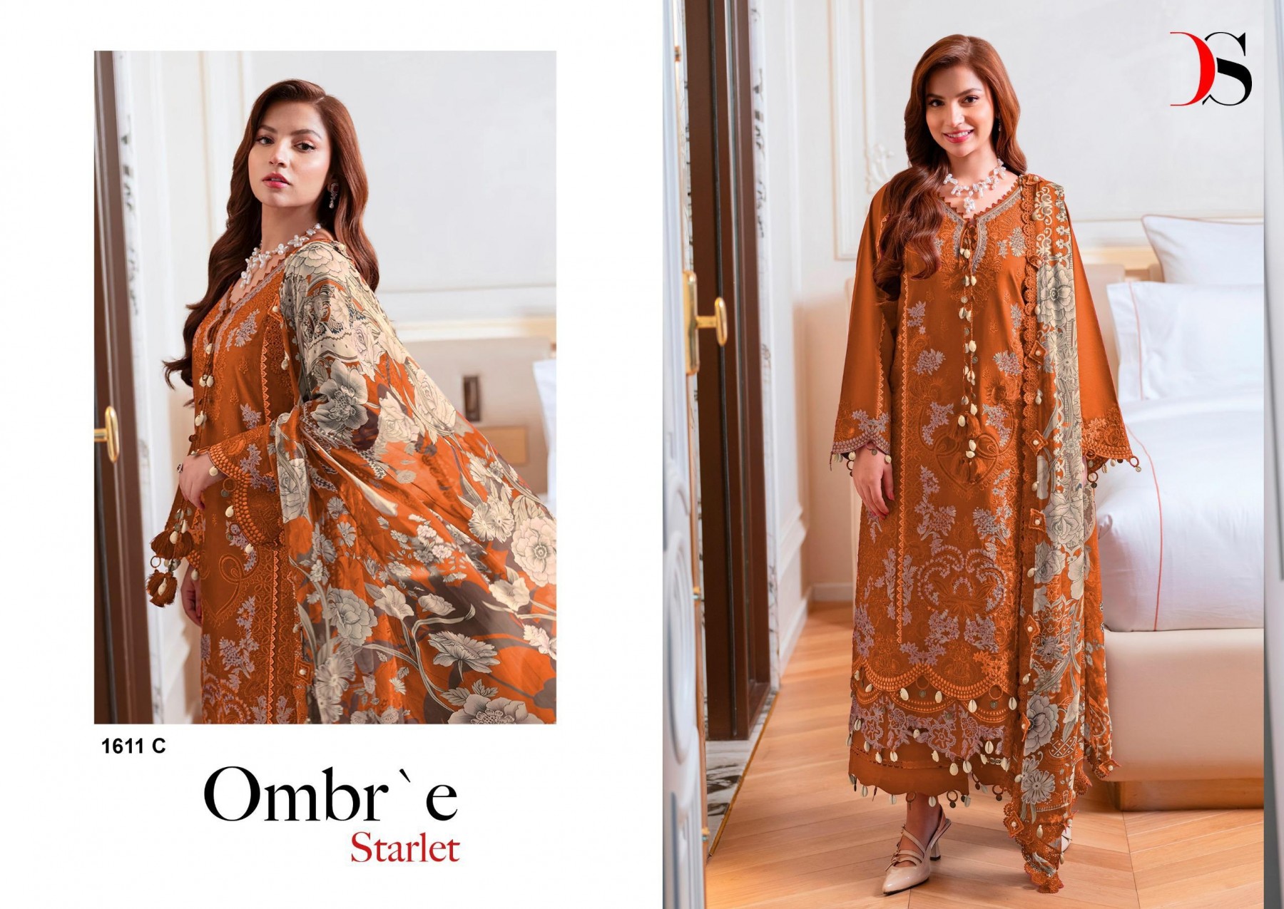 OMBRE STARLET :- 1611 - PURE COTTON HEAVY SELF EMBROIDERY WORK BY PAKISTANI SUIT COLLECTION WITH DEEPSY SUIT 