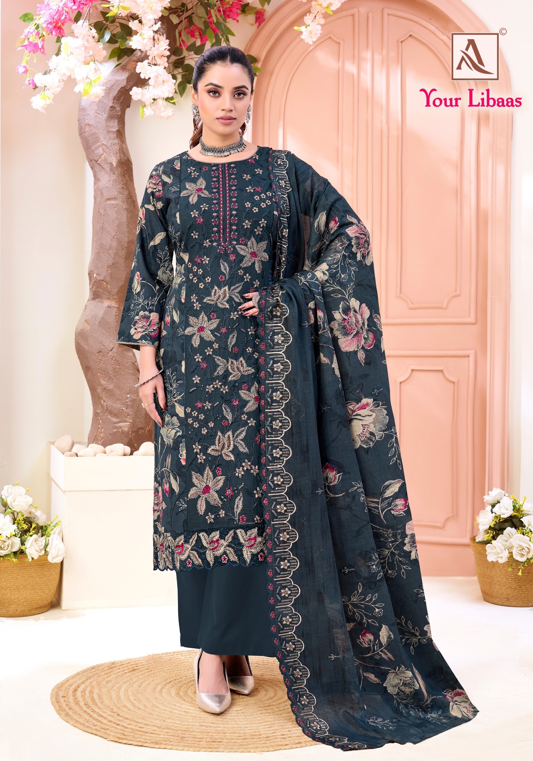 YOUR LIBAAS - PURE CAMBRIC COTTON FOIL PRINT WITH FANCY BEATS EMBROIDERY WORK BY PAKISTANI SUIT COLLECTION BY ALOK
