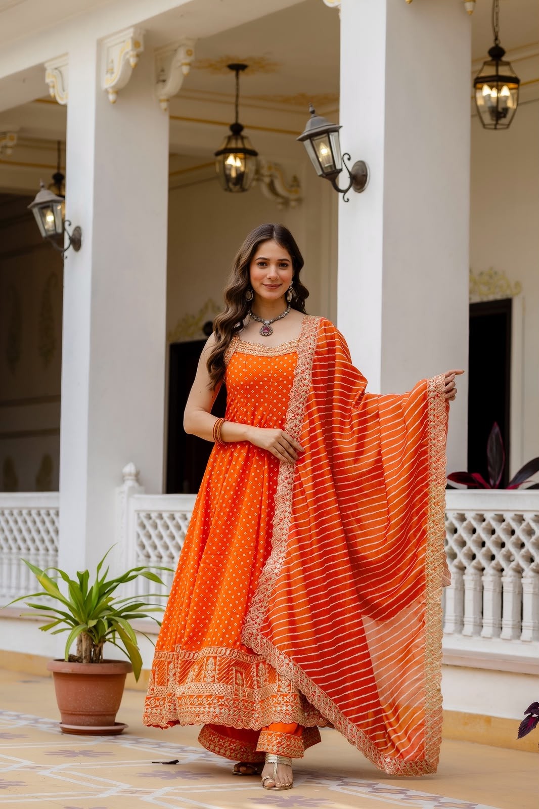 RANG KHAJURI :- RR - 46 - BANDHANI VICHITRA SILK HEAVY EMBROIDERY WORK & MIRROR WORK BY PARTY WEAR GOWN COLLECTION 