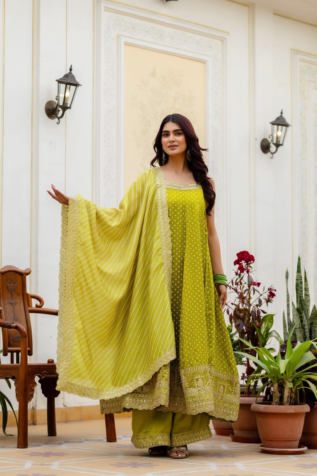 RANG KHAJURI :- RR - 46 - BANDHANI VICHITRA SILK HEAVY EMBROIDERY WORK & MIRROR WORK BY PARTY WEAR GOWN COLLECTION 