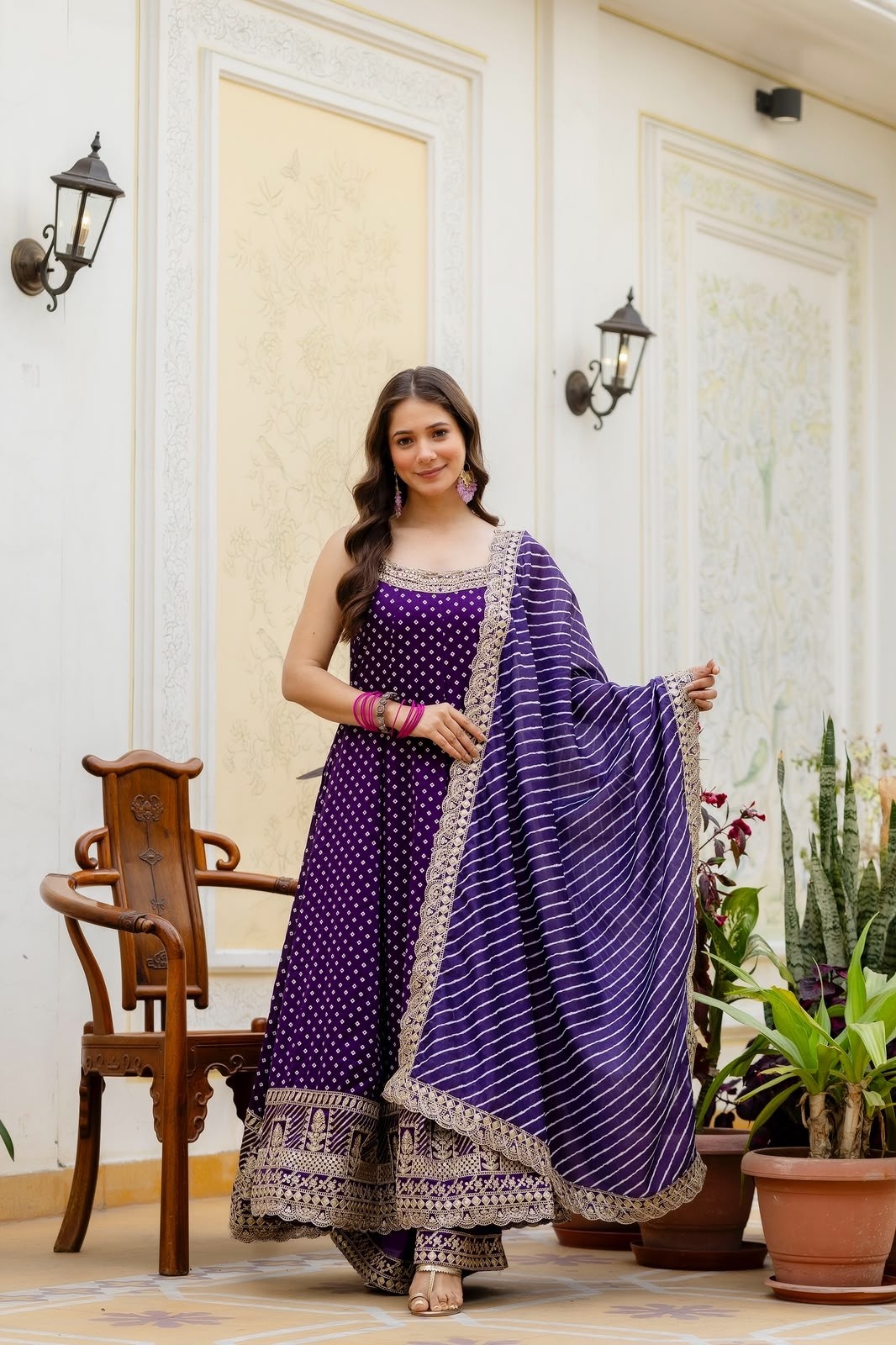 RANG KHAJURI :- RR - 46 - BANDHANI VICHITRA SILK HEAVY EMBROIDERY WORK & MIRROR WORK BY PARTY WEAR GOWN COLLECTION 