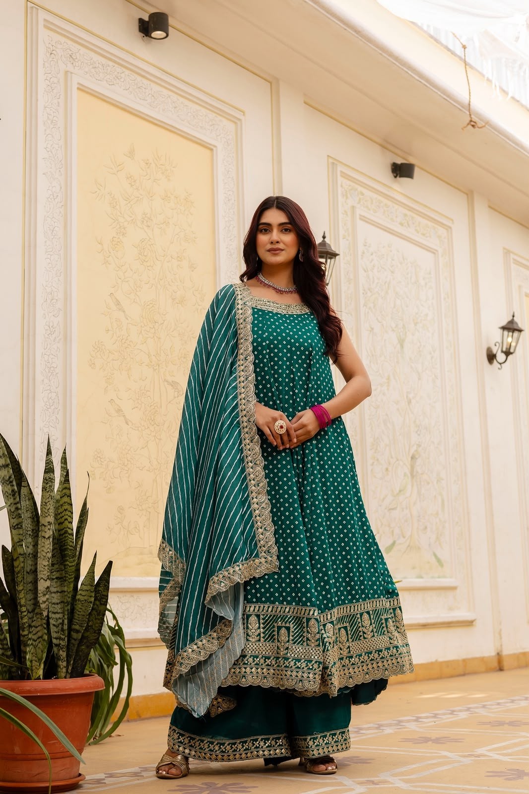 RANG KHAJURI :- RR - 46 - BANDHANI VICHITRA SILK HEAVY EMBROIDERY WORK & MIRROR WORK BY PARTY WEAR GOWN COLLECTION 