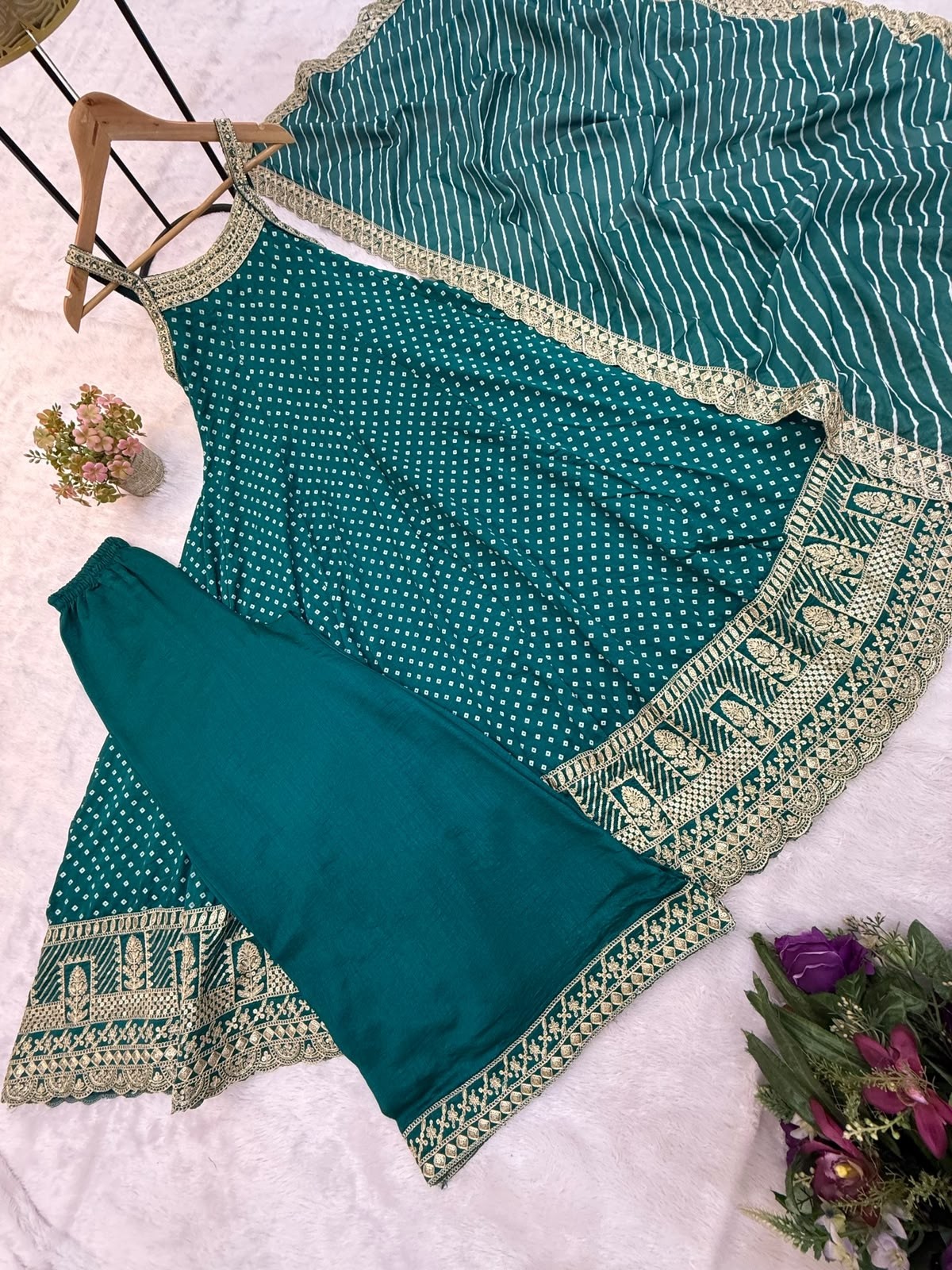 RANG KHAJURI :- RR - 46 - BANDHANI VICHITRA SILK HEAVY EMBROIDERY WORK & MIRROR WORK BY PARTY WEAR GOWN COLLECTION 