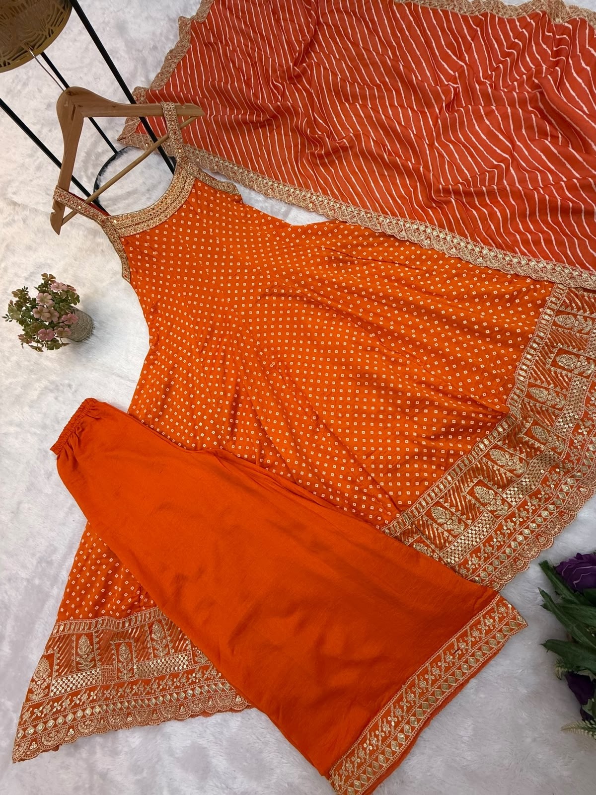RANG KHAJURI :- RR - 46 - BANDHANI VICHITRA SILK HEAVY EMBROIDERY WORK & MIRROR WORK BY PARTY WEAR GOWN COLLECTION 