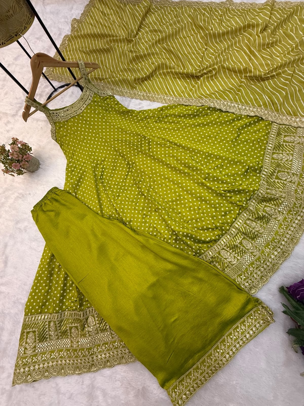 RANG KHAJURI :- RR - 46 - BANDHANI VICHITRA SILK HEAVY EMBROIDERY WORK & MIRROR WORK BY PARTY WEAR GOWN COLLECTION 