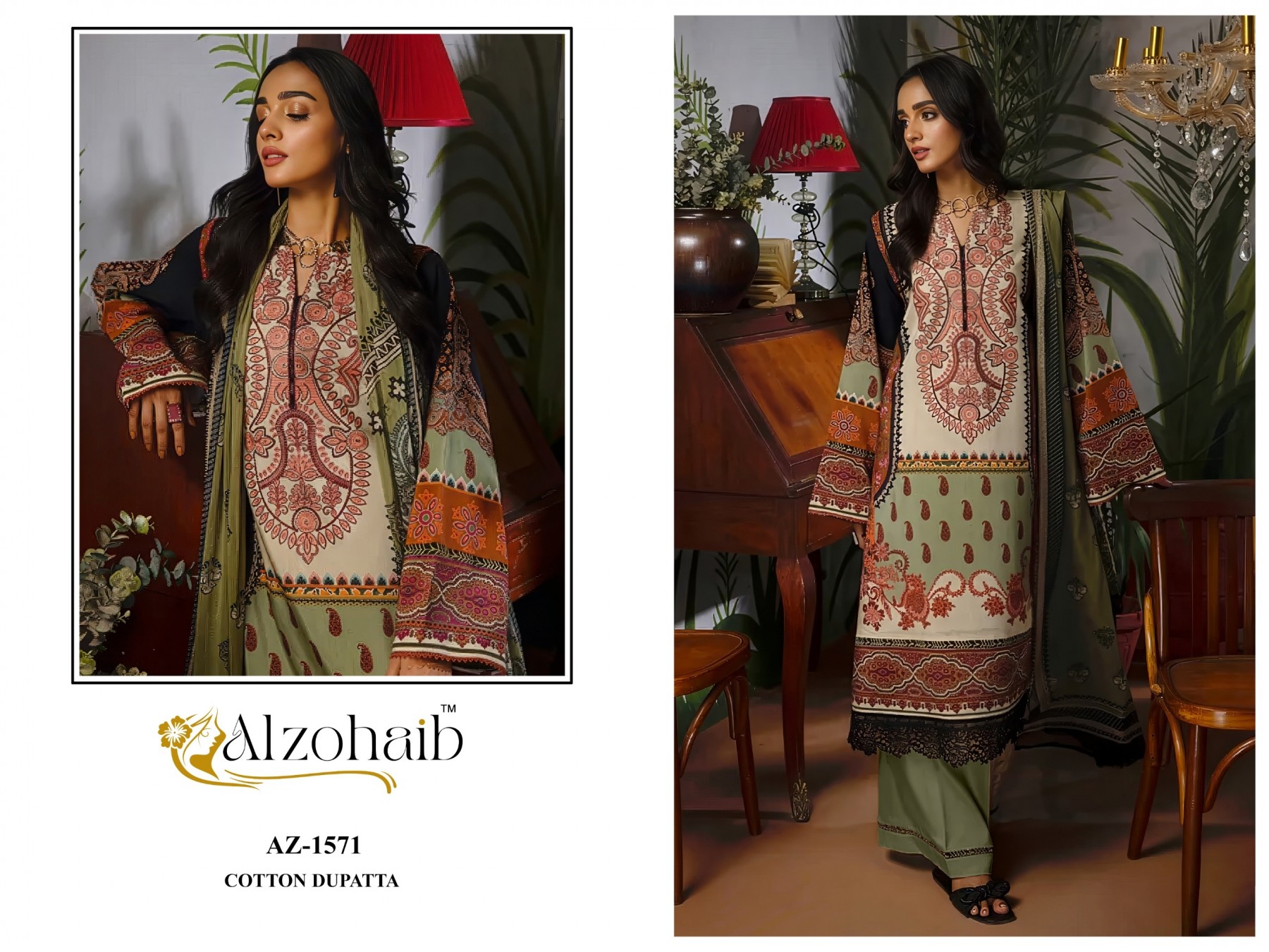 ZAYNAH VOL - 2 - AZ - 1565-1567-1570-1571 - PURE LAWN COTTON PAKISTANI PATCH WORK SUIT BY ALZOHAIB 