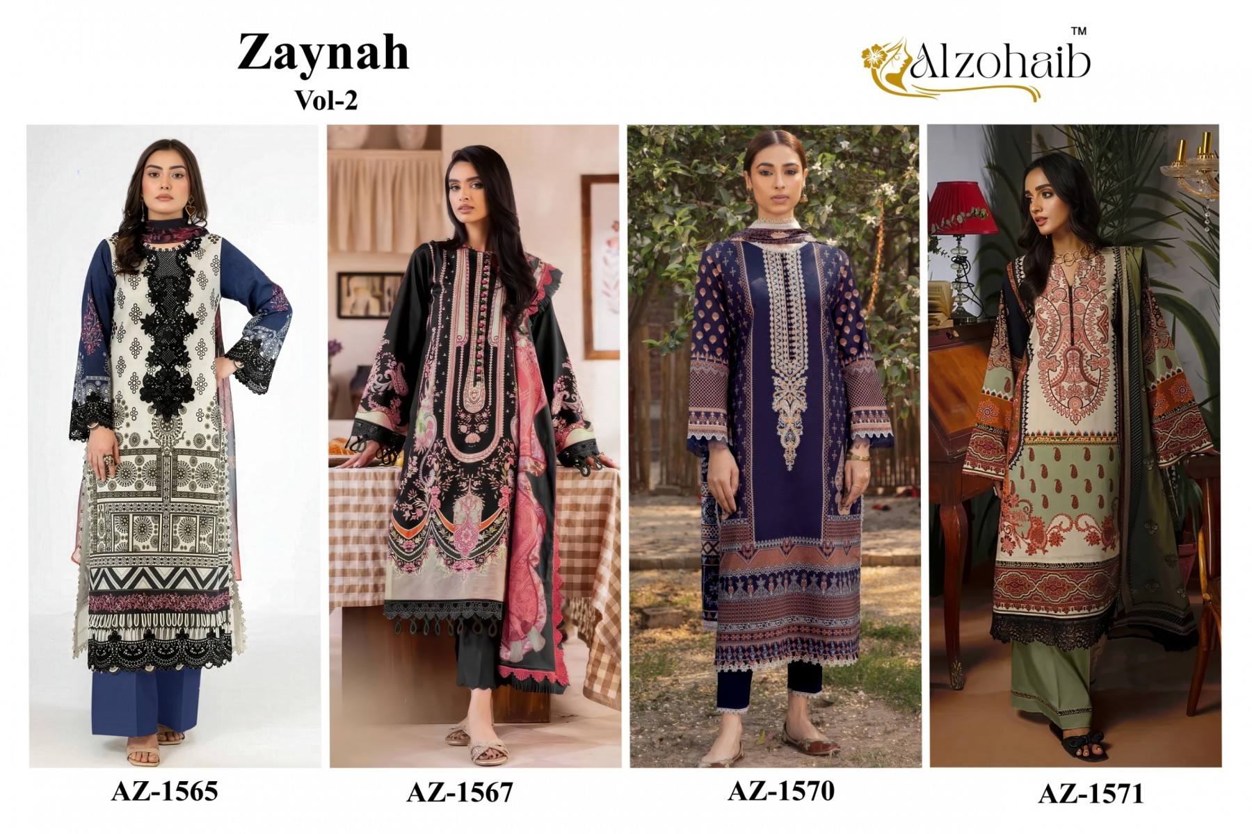 ZAYNAH VOL - 2 - AZ - 1565-1567-1570-1571 - PURE LAWN COTTON PAKISTANI PATCH WORK SUIT BY ALZOHAIB 