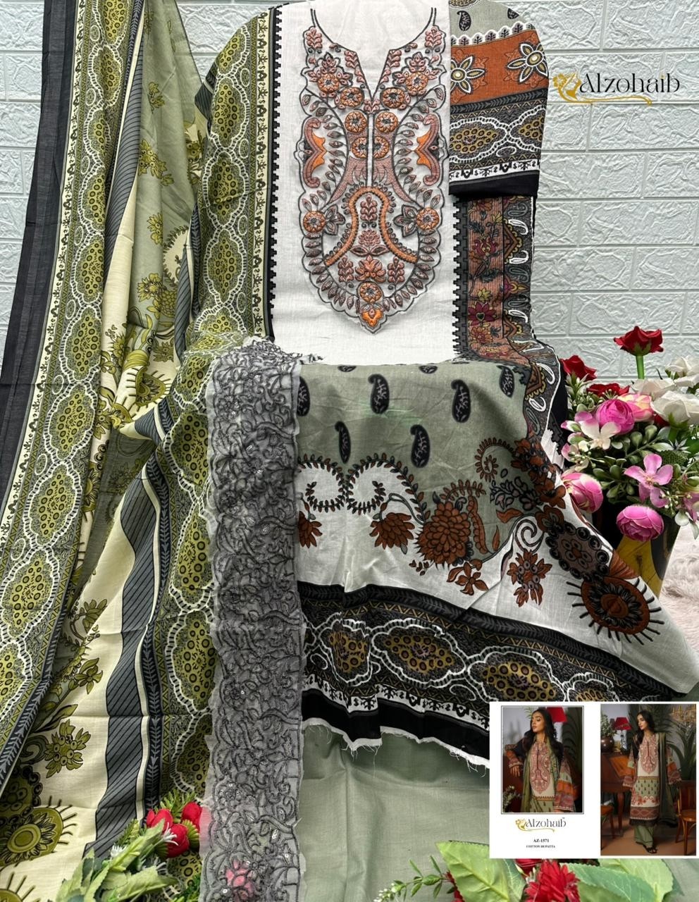 ZAYNAH VOL - 2 - AZ - 1565-1567-1570-1571 - PURE LAWN COTTON PAKISTANI PATCH WORK SUIT BY ALZOHAIB 