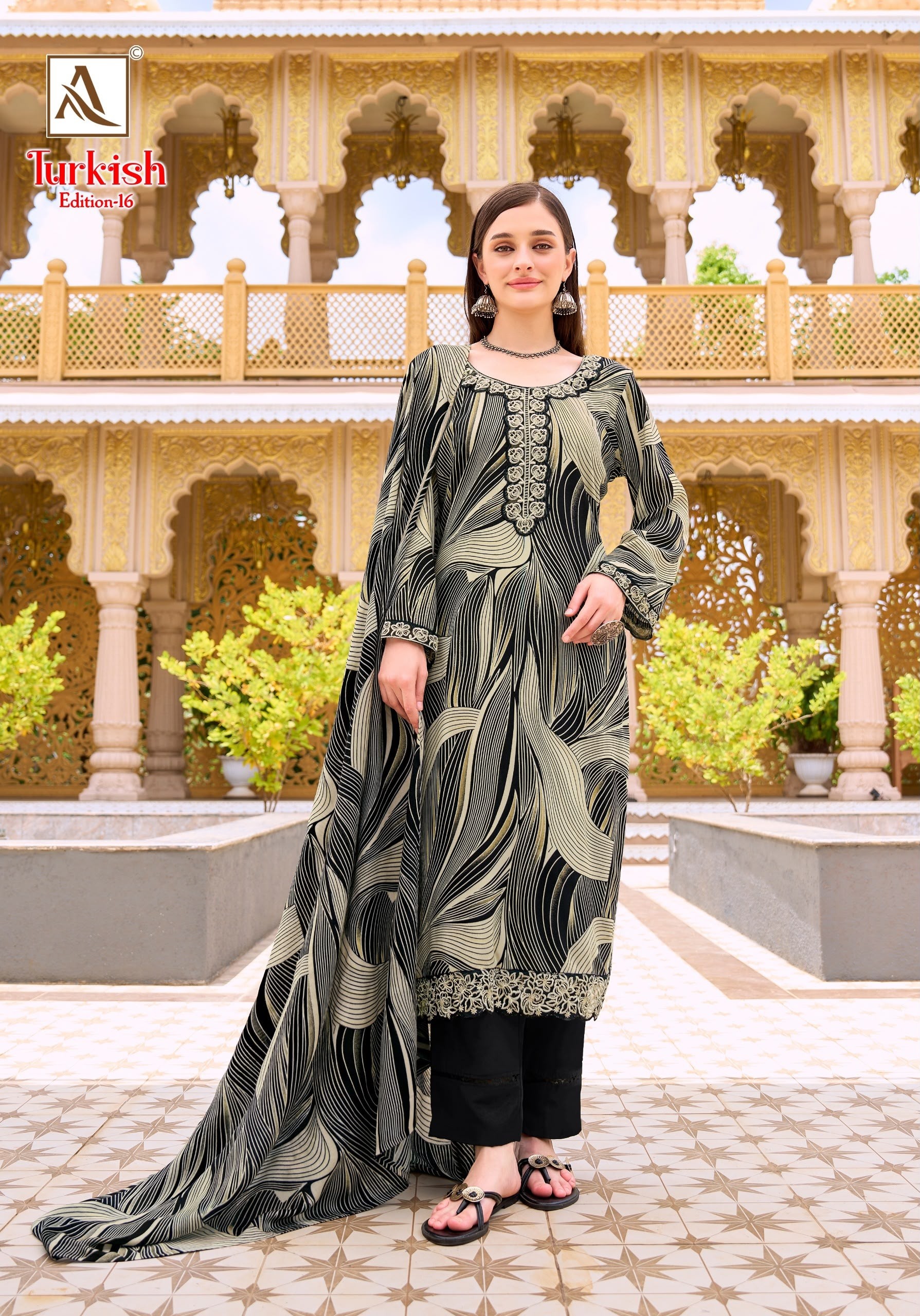 TURKISH - 16 - PURE VISCOSE REYON PRINT WITH FOIL AND FANCY EMBROIDERY WORK IN ALOK SUIT 
