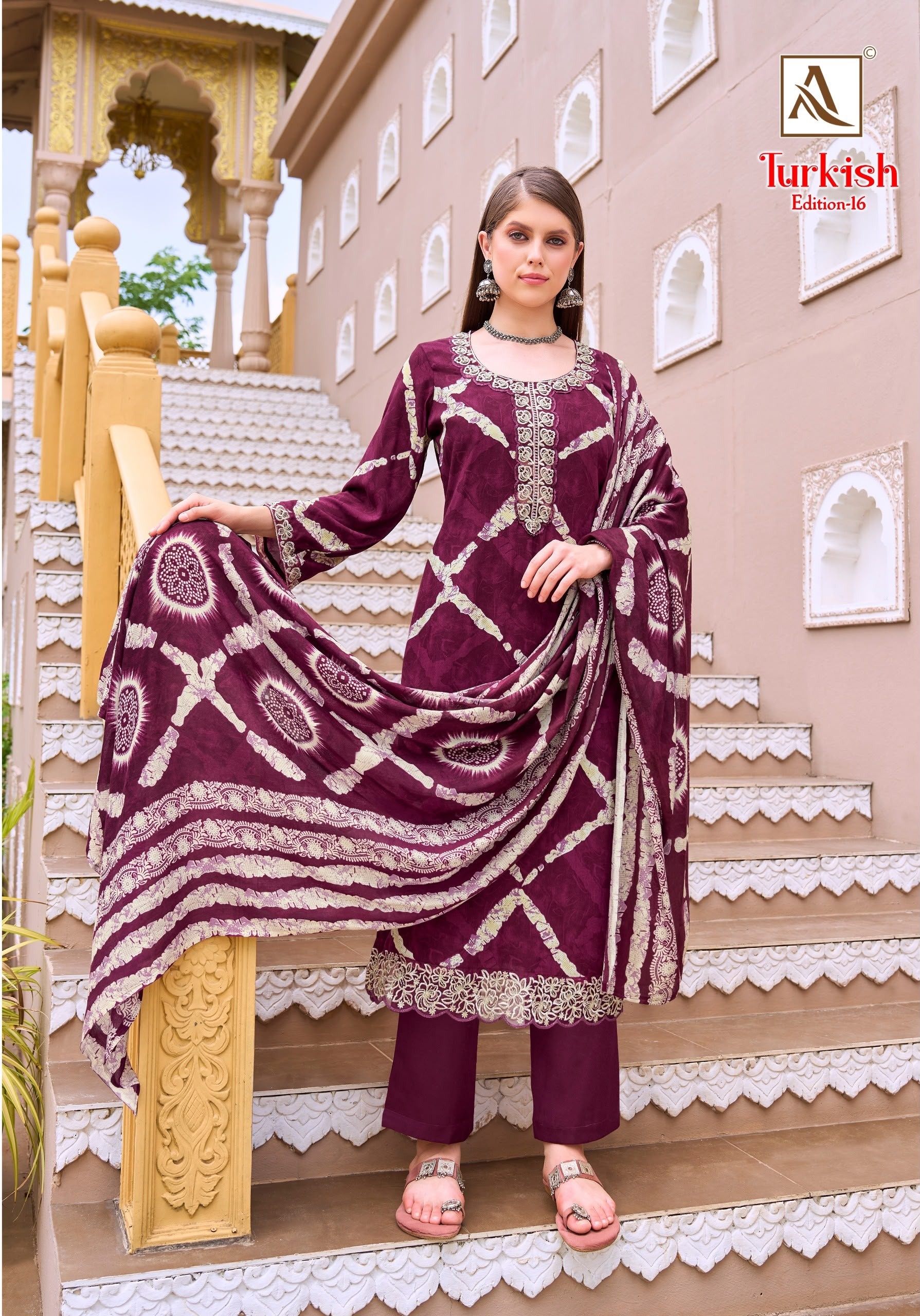 TURKISH - 16 - PURE VISCOSE REYON PRINT WITH FOIL AND FANCY EMBROIDERY WORK IN ALOK SUIT 