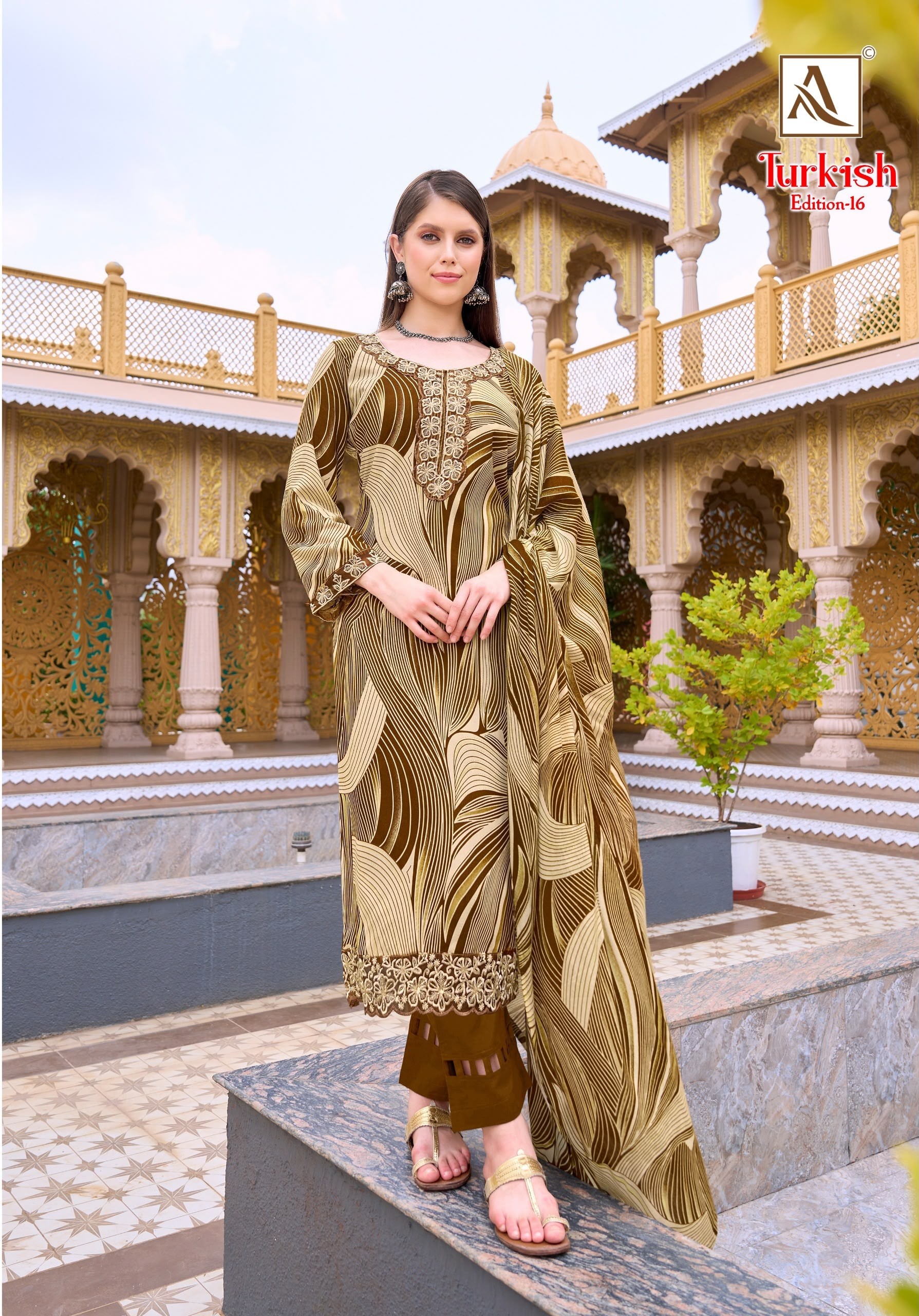TURKISH - 16 - PURE VISCOSE REYON PRINT WITH FOIL AND FANCY EMBROIDERY WORK IN ALOK SUIT 