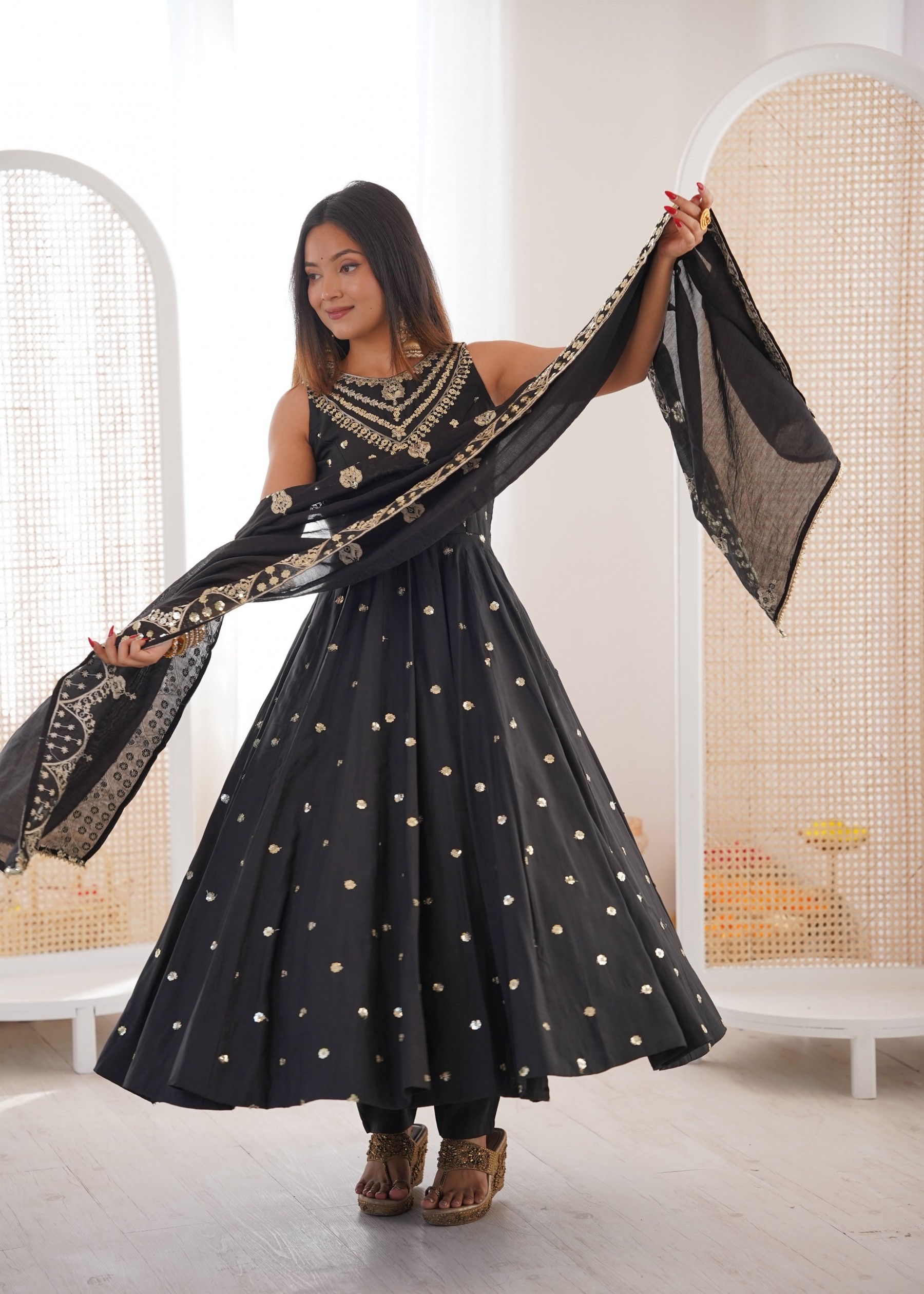 JF - 038 - ROMAN SILK SEQUENCE EMBROIDERY WORK BY PARTY WEAR AND WEDDING ANARKALI NAIRA GOWN COLLECTION 